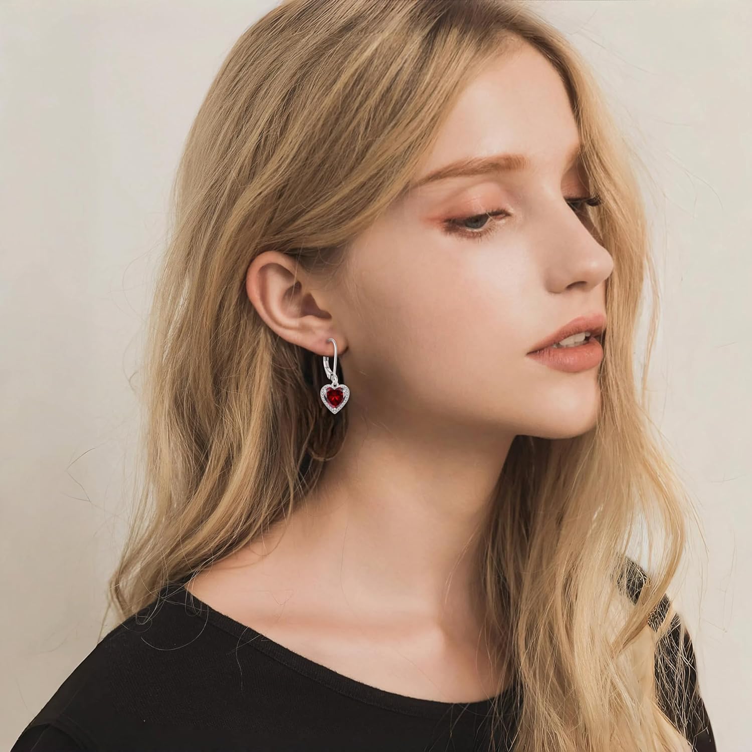 Heart Dangle Drop Earrings 925 Sterling Silver Halo Solitaire Leverback Earrings Birthstone Jewelry for Women - Image 2