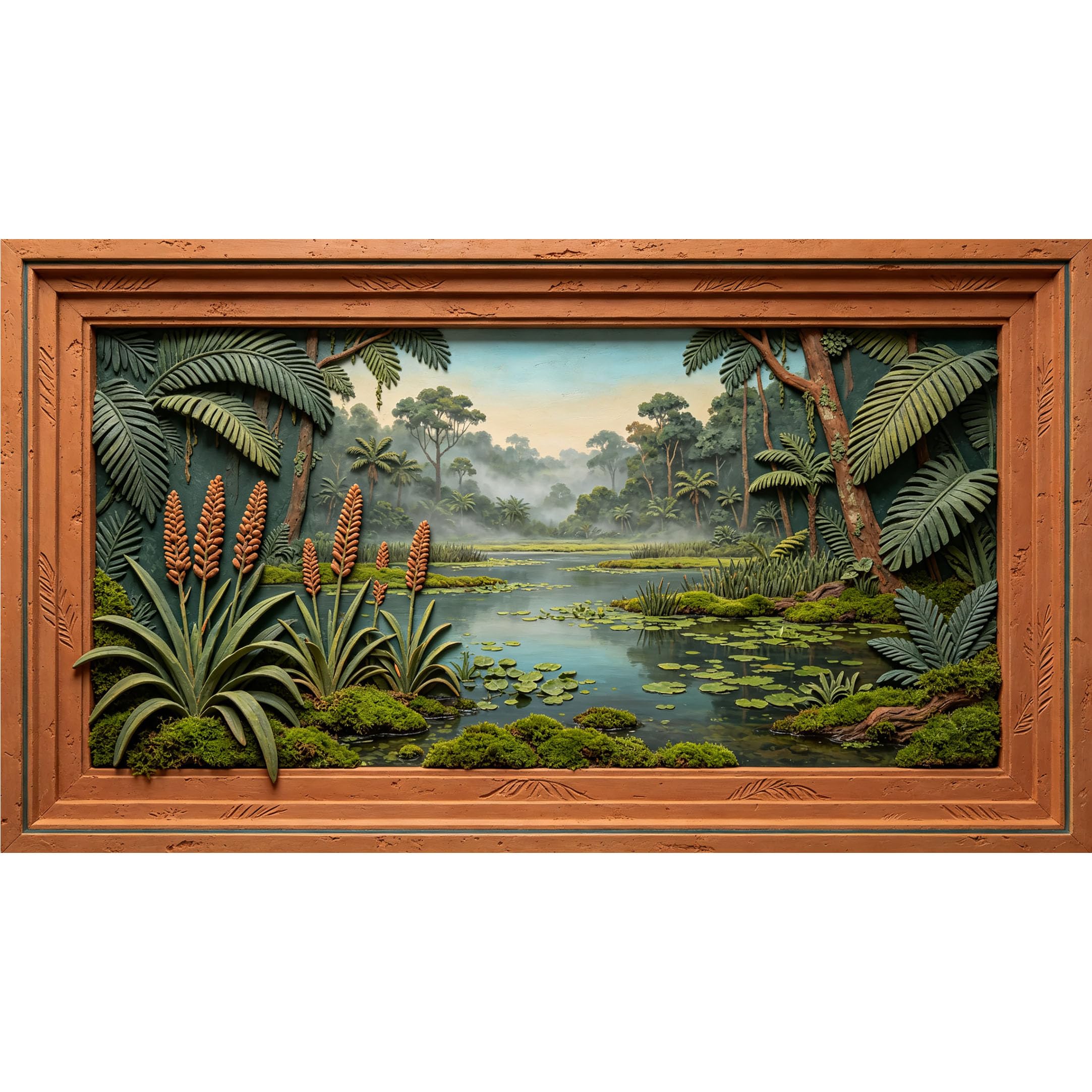 QZLITHOTIC 50×90cm3D Framed Wall Art， Tropical Jungle Lake Landscape SelfAdhesive Mural， WaterActivated Peel & Stick Fabric Decor Wall Decal for Bedroom Living Room