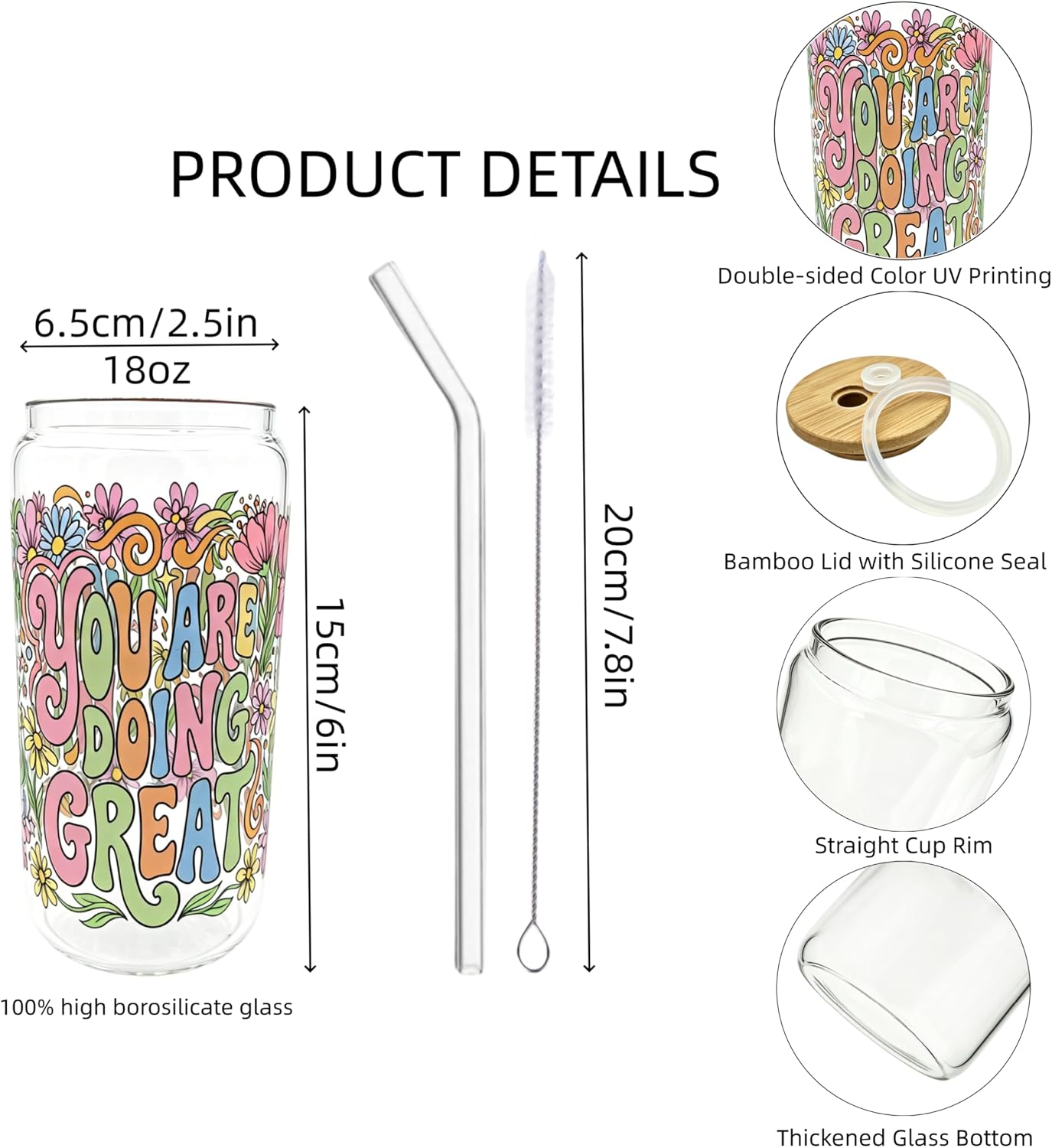 Kindness is Magic Daily Affirmation Glass Cup with Lid and Straw - 18oz Motivational Aesthetic Iced Coffee Cup - Double-Sided UV Print Can Shaped Glass - Positivity Gifts for Women