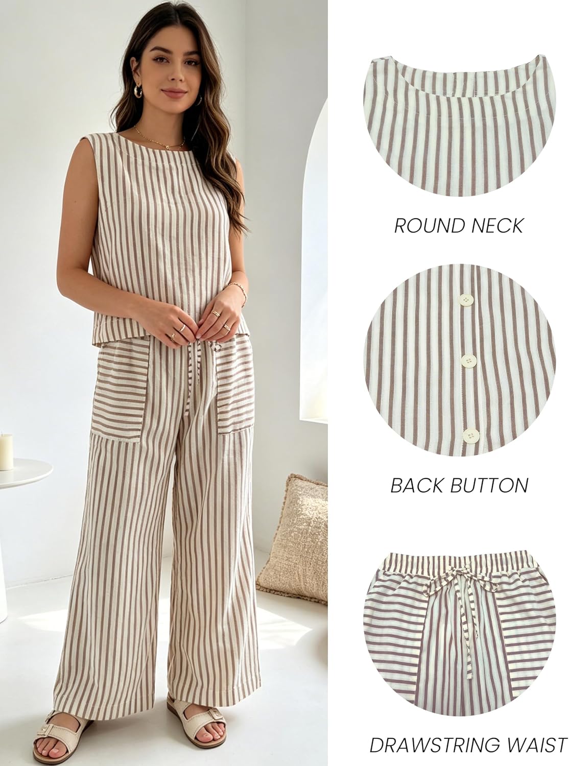 Womens Striped 2 Piece Matching Set Sleeveless Wide Leg Pants(Khaki-M)