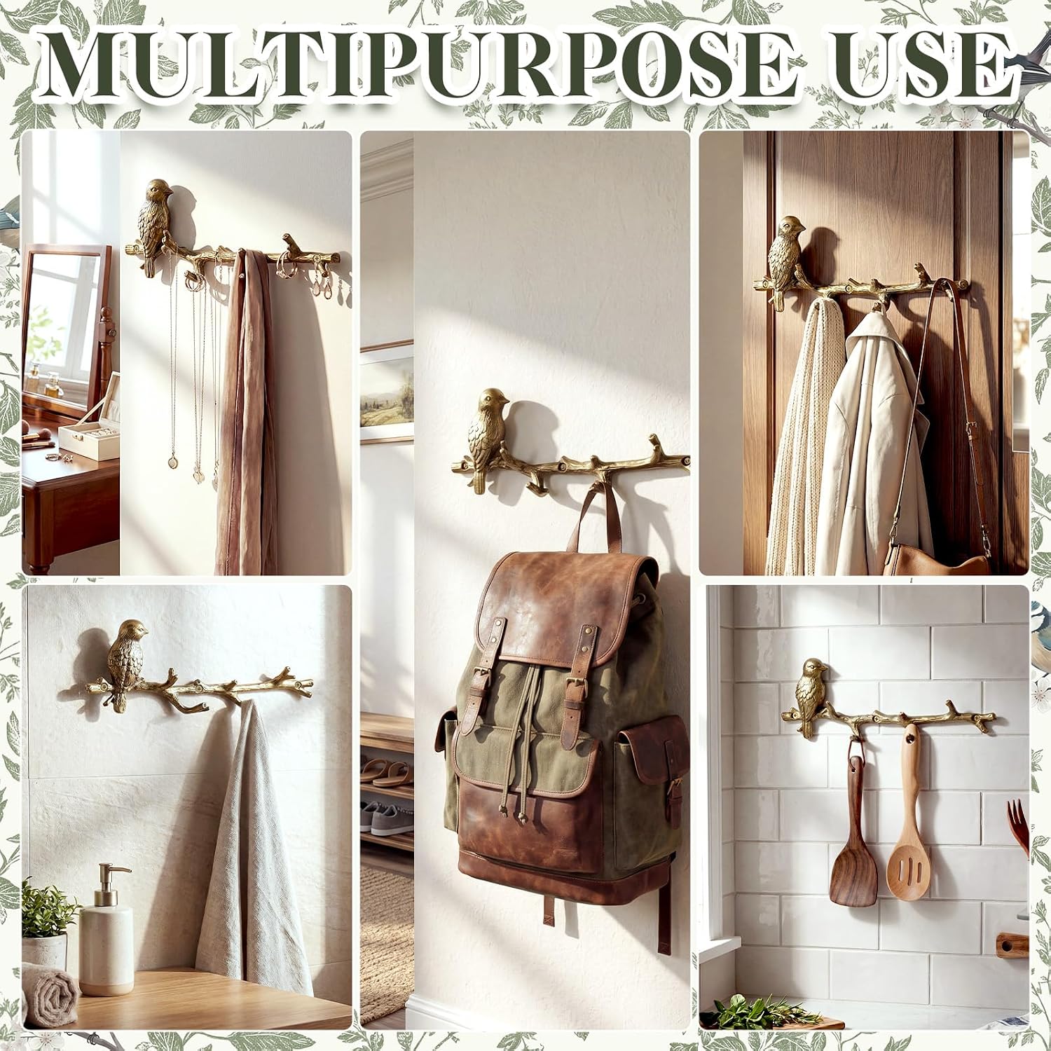 Hicarer Metal Bird Coat Hooks Antique Gold Bird Hangers and Key Holder Animal Theme Hooks for Entryway Bathroom Bedroom