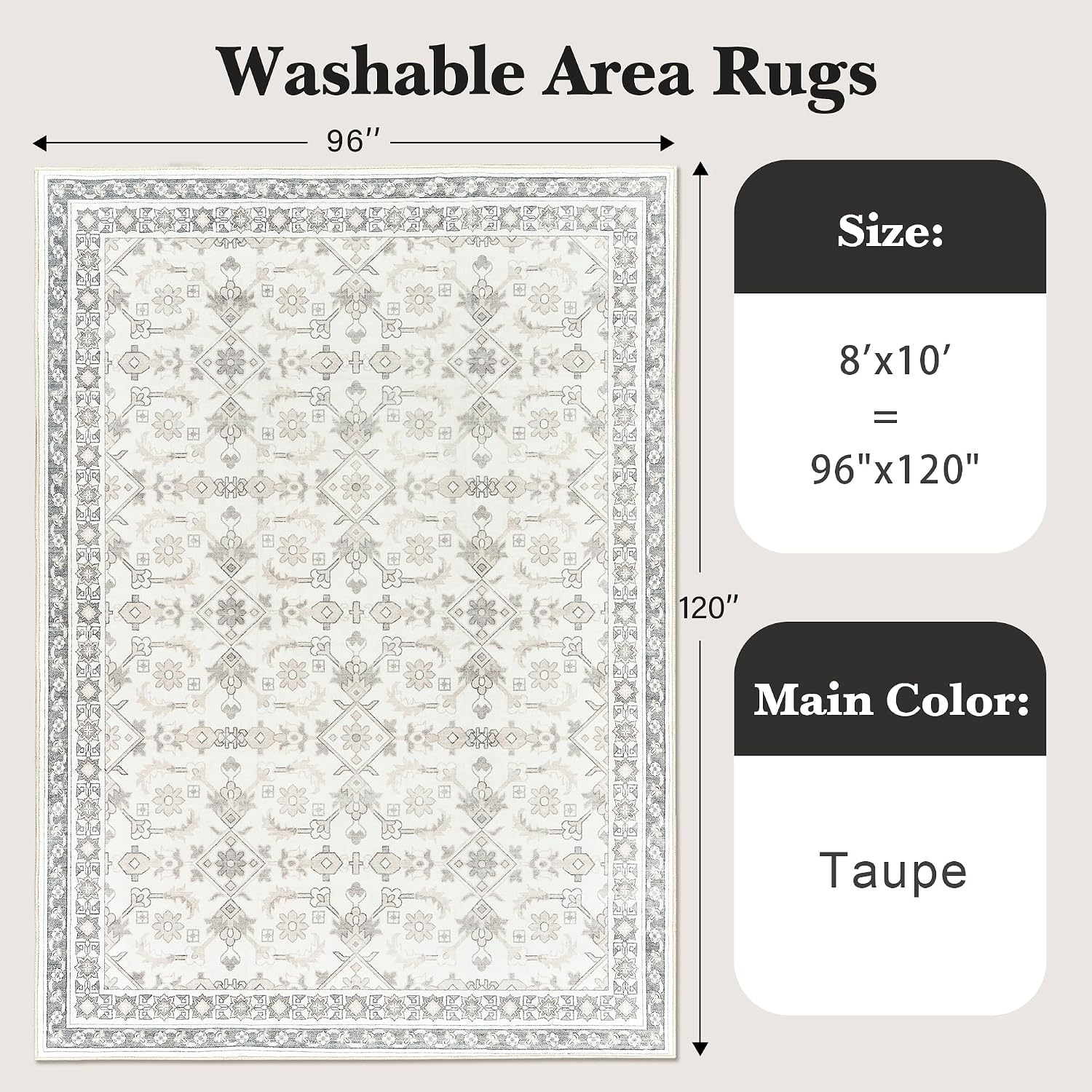 Valenrug Washable Rug 8x10 - Ultra-Thin Antique Collection Area Rug, Stain Resistant Rugs for Living Room Bedroom, Distressed Vintage Rug(Garden-Taupe, 8'x10')