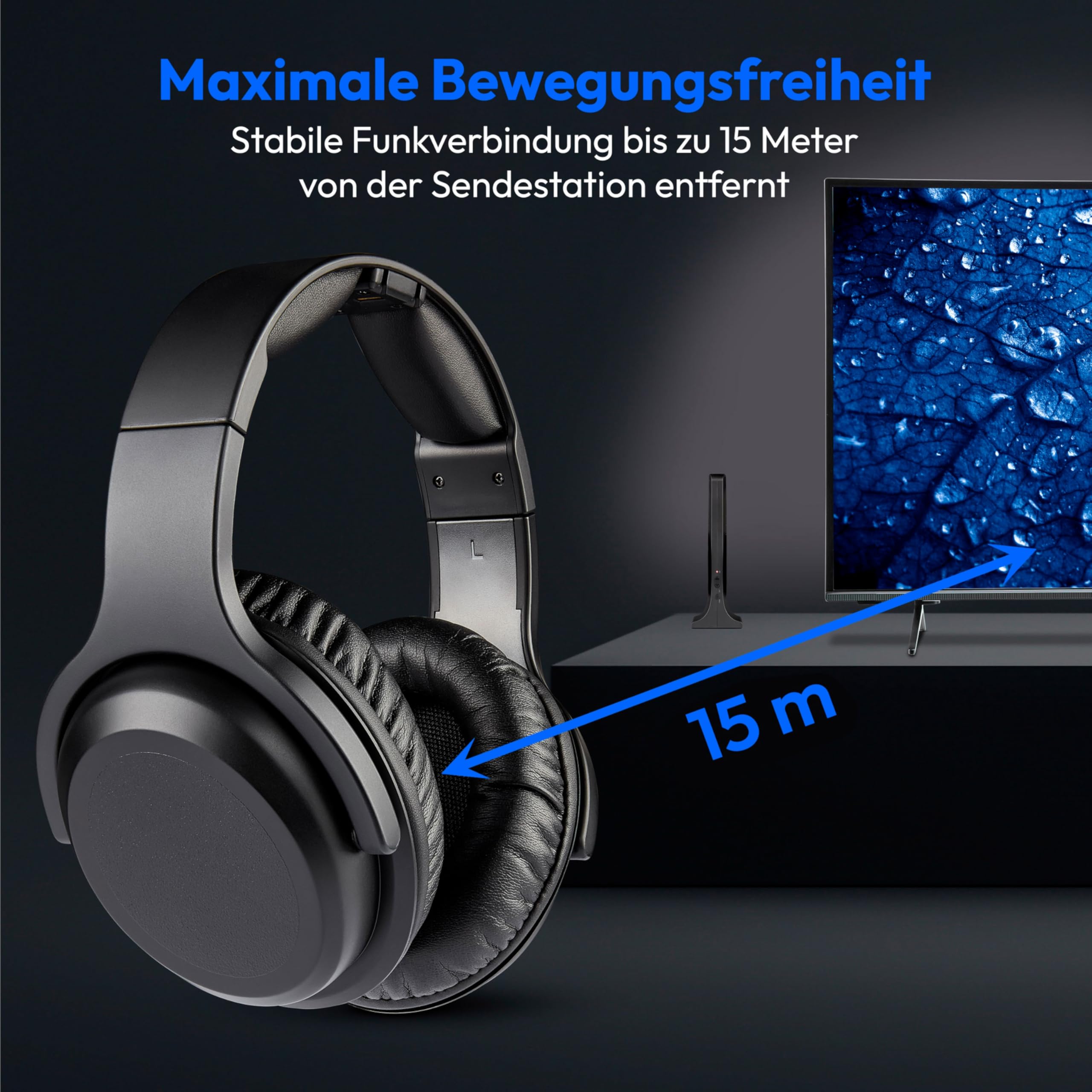 MEDION Funkkopfhörer HS-1 (kabellos, für TV, bis zu 15m Reichweite, mit Ladestation, Over Ear, USB C, MD40006)