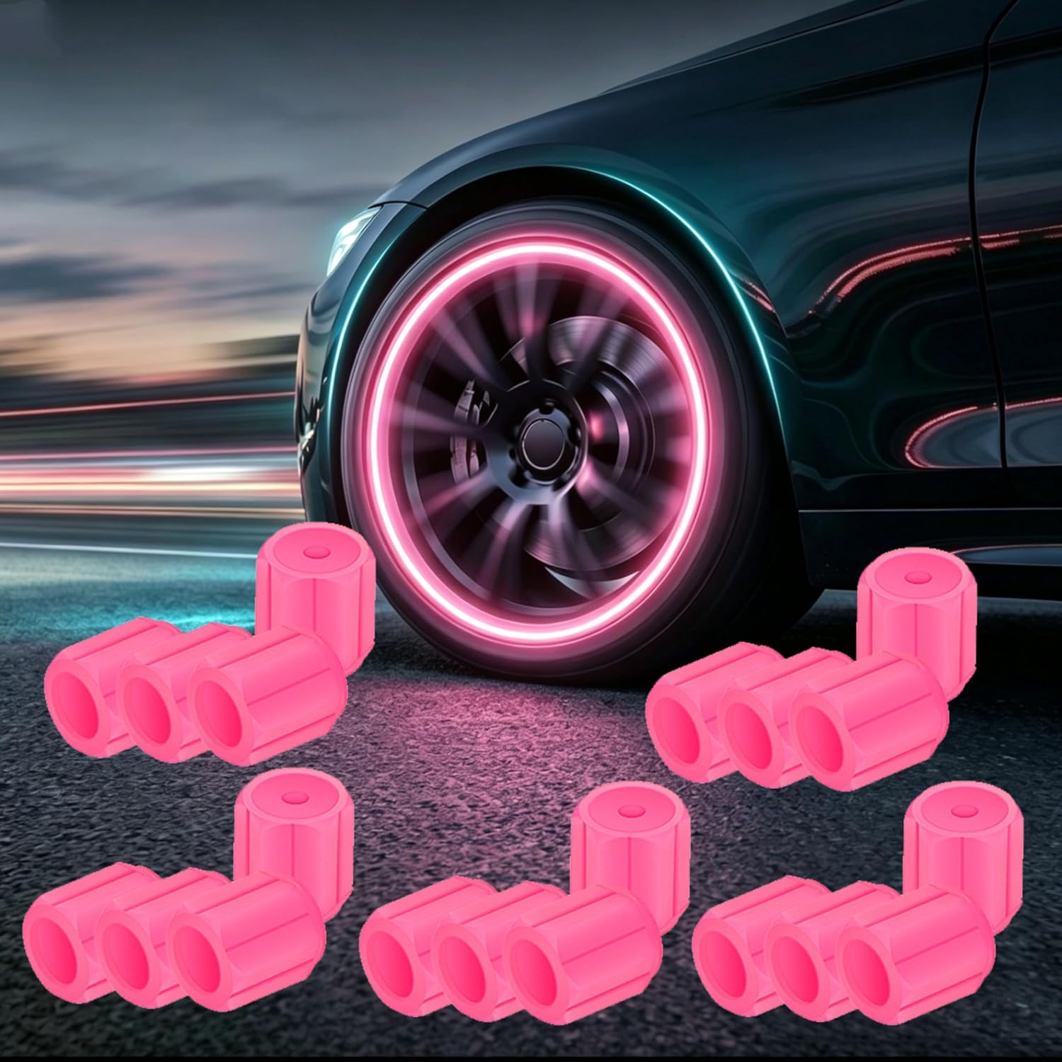 Glow in The Dark Tire Valve Caps, 2026 Upgraded Fluorescent Tire Valve Caps Cool Car Present, Tire Valve Stem Covers for Cars Trucks Motorcycles SUVs and Bikes (20 Pcs Pink)