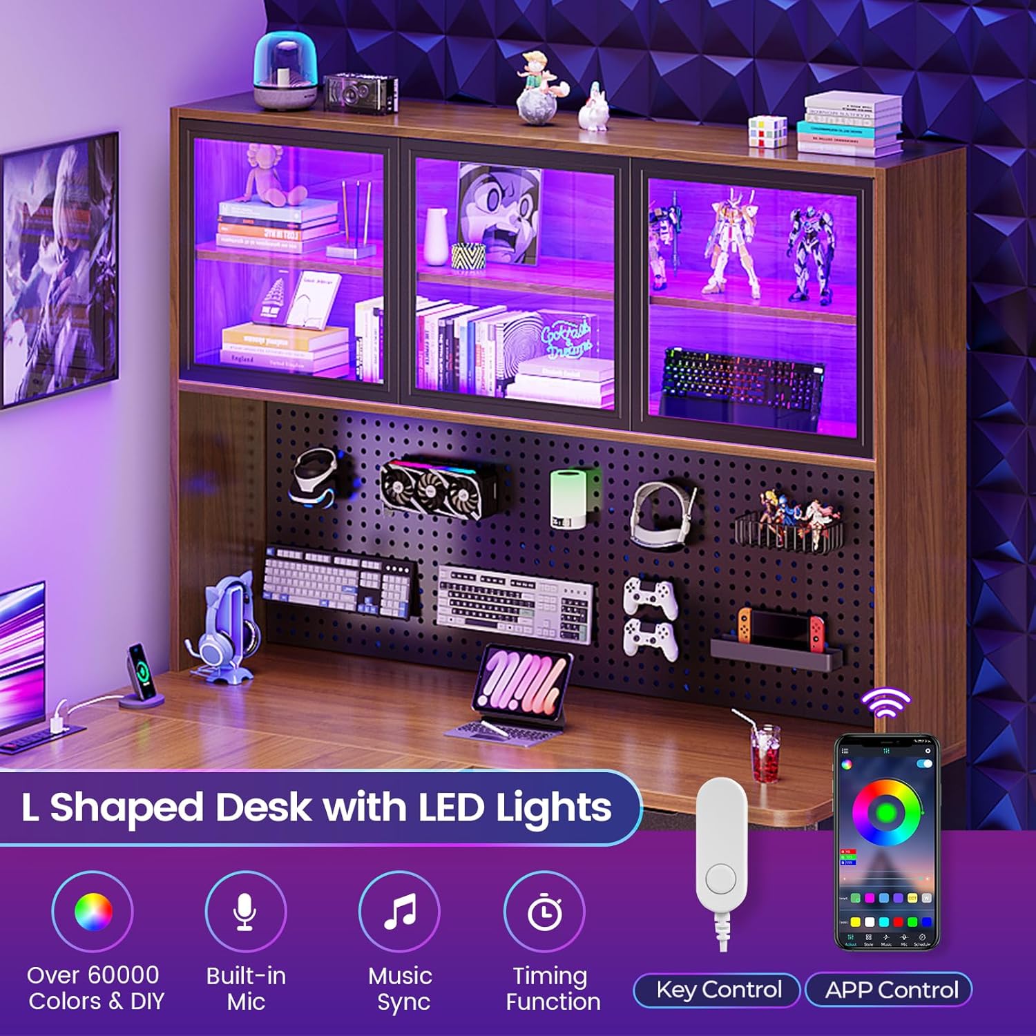 SEDETA L Shaped Office Desk, Computer Desk with 3 Wood Drawer and Large Bookshelf, L Shaped Corner Gaming Desk with LED Light, Display Cabinet and Pegboard, 27.5" W Large Desktop Table, Brown