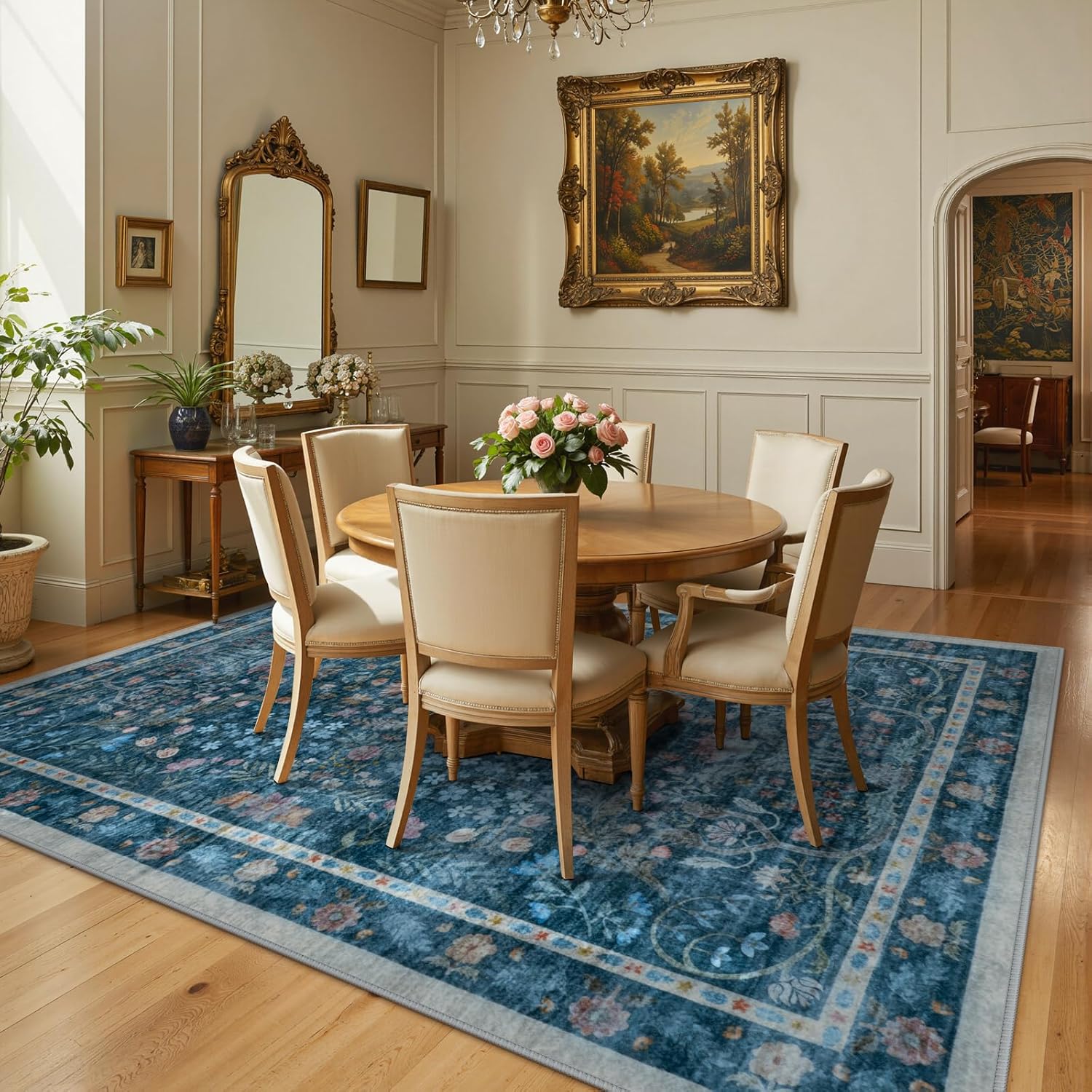 LIVEBOX Blue Washable Area Rug 8x10, Soft Floral Rugs for Living Room, Boho Distressed Rugs for Bedroom Non Slip, Low Pile Vintage Indoor Carpet for Dining Room Home Decor
