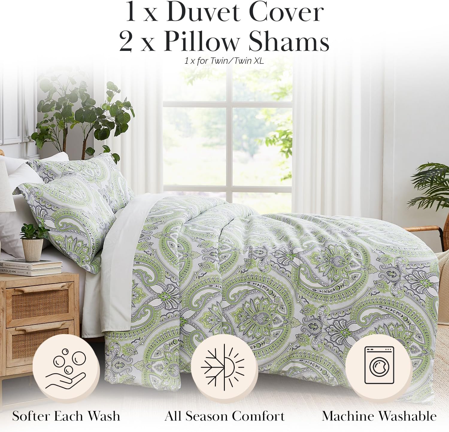 Paisley Queen/Full Size Duvet Cover Set Oversized Reversible Boho Black image 2