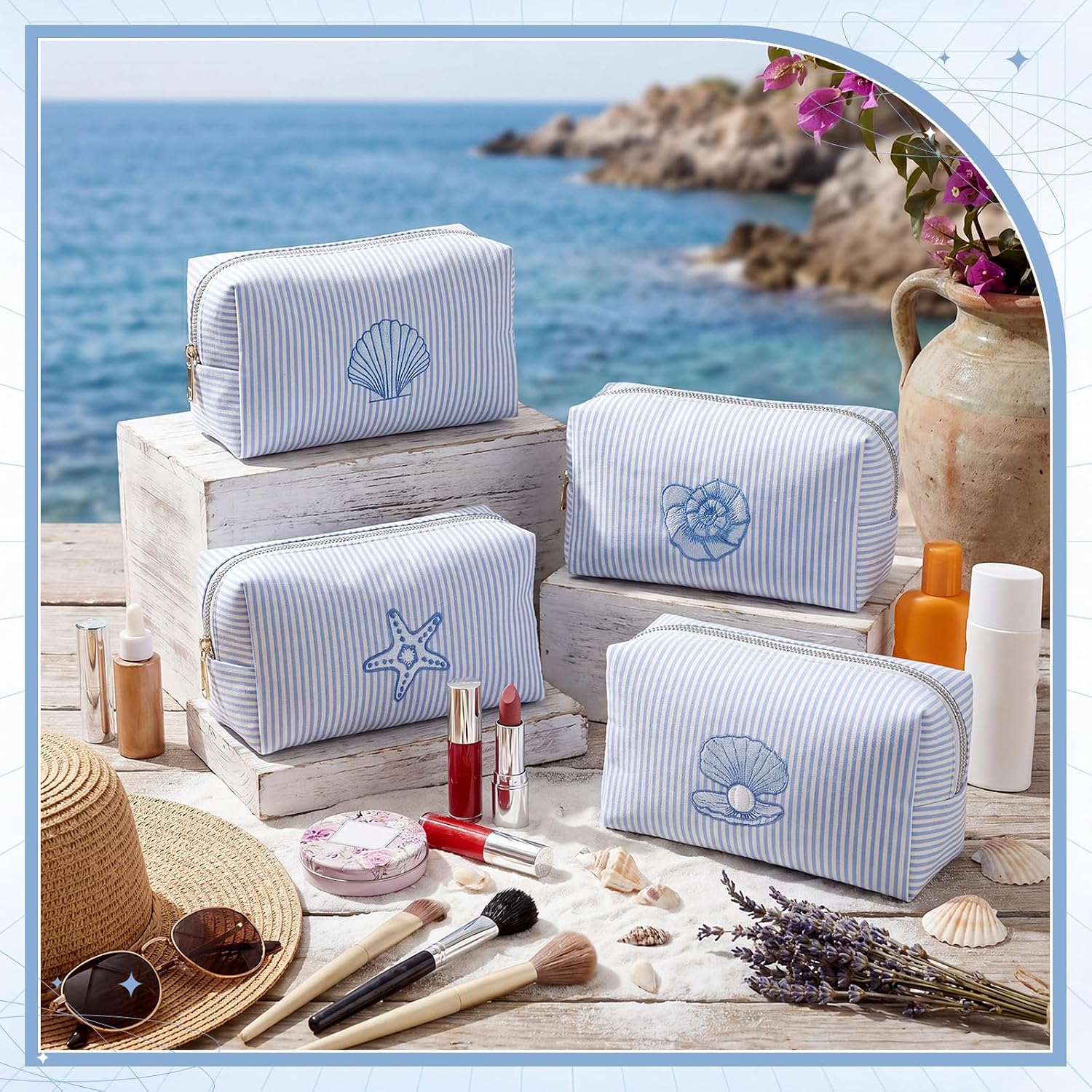 6 Pcs Blue Coastal Cosmetic Bags Bulk Blue Seersucker Makeup Bags Stripe Women Pouch Large Preppy Storage Pouch Toiletry Travel Organizer for Bachelorette Bridesmaid Party Favor