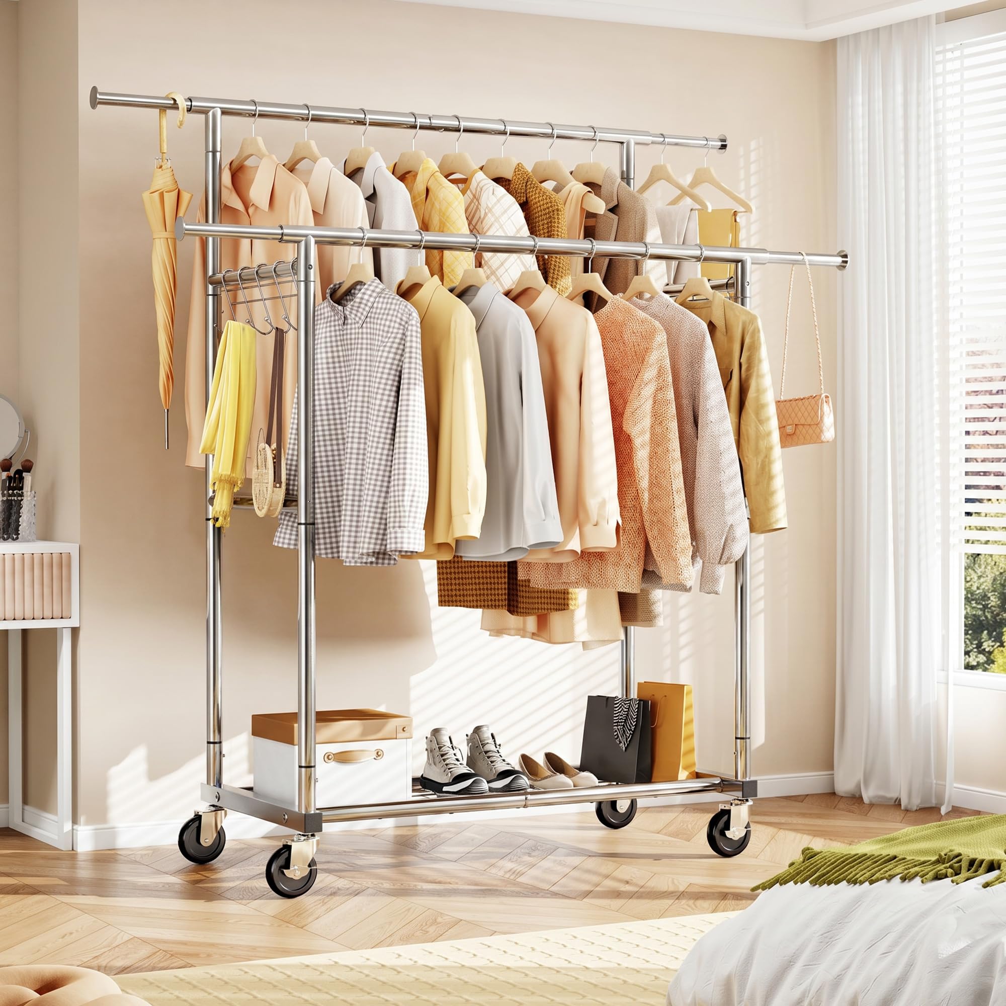 HOKEEPER Double Rod Clothes Rail, Heavy Duty 204kg (450lbs) Capacity with Wheels & Shelves, Portable Clothing Rack for Bedroom, Laundry Room, Coats & Garments, Silver