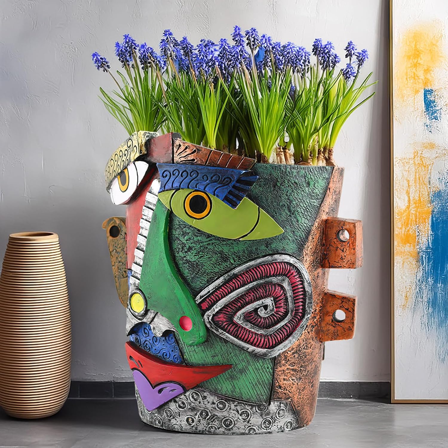 Picasso Flower Pot Colorful Face Art Abstract Resin Flower Pot Unique Face Flower Pot Head Planter for Indoor Outdoor Plants Patio Home Art Decoration (Frown)