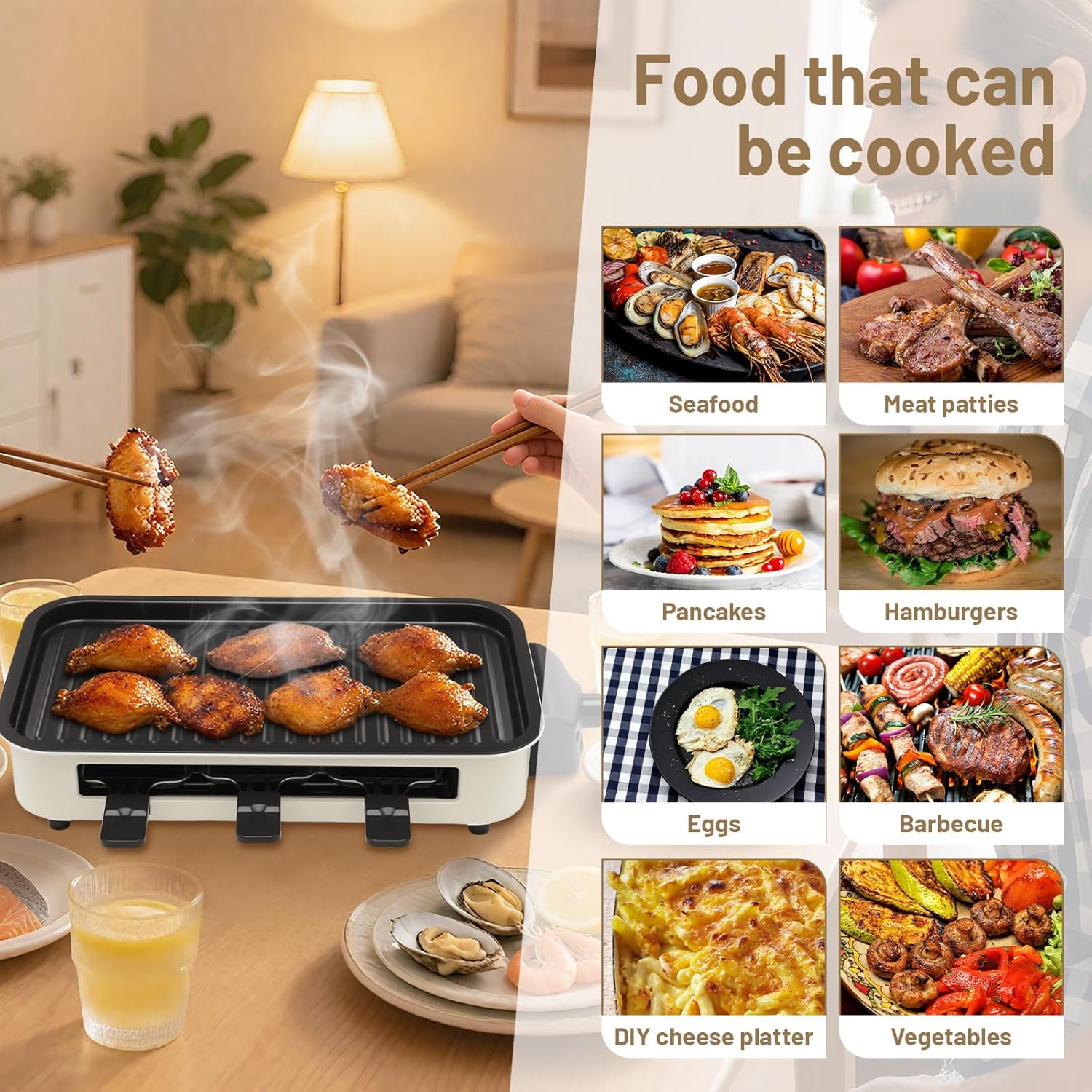 3-in-1 Indoor Smokeless Grill,Removable 18’’x 9’’Electric Griddle Nonstick with Temperature Control for Indoor Outdoor Family Party Kitchen Picnic Table
