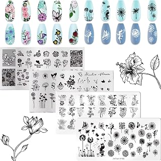 RUNRAYAY 4Pcs Flower Nail Stamp Plates, Butterfly Nails Art Stamping Plate Rose Animal Nail Plates Template Image Manicure Nail Art Tools for Manicuring DIY Printing