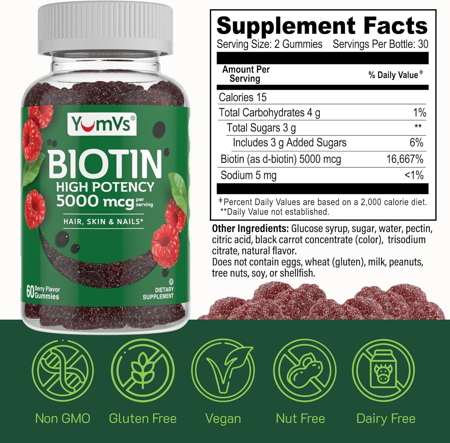YumVs Biotin Gummies 5000mcg - Luscious Raspberry Flavor - Thicker Faster Hair Growth Gummies for Women or Men - Hair, Skin & Nails Vitamins - Hair Gummies - Vegetarian Biotin Supplement (60 Count) - Image 5