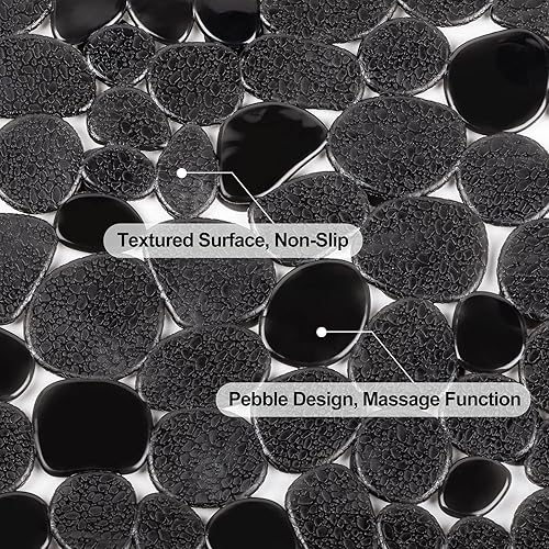 Miniatura 3 de WELTRXE Pebbles - Tapete de baño antideslizante para bañera, color negro, con ventosas, agujeros de drenaje para duchas de baño, bañera, lavable a