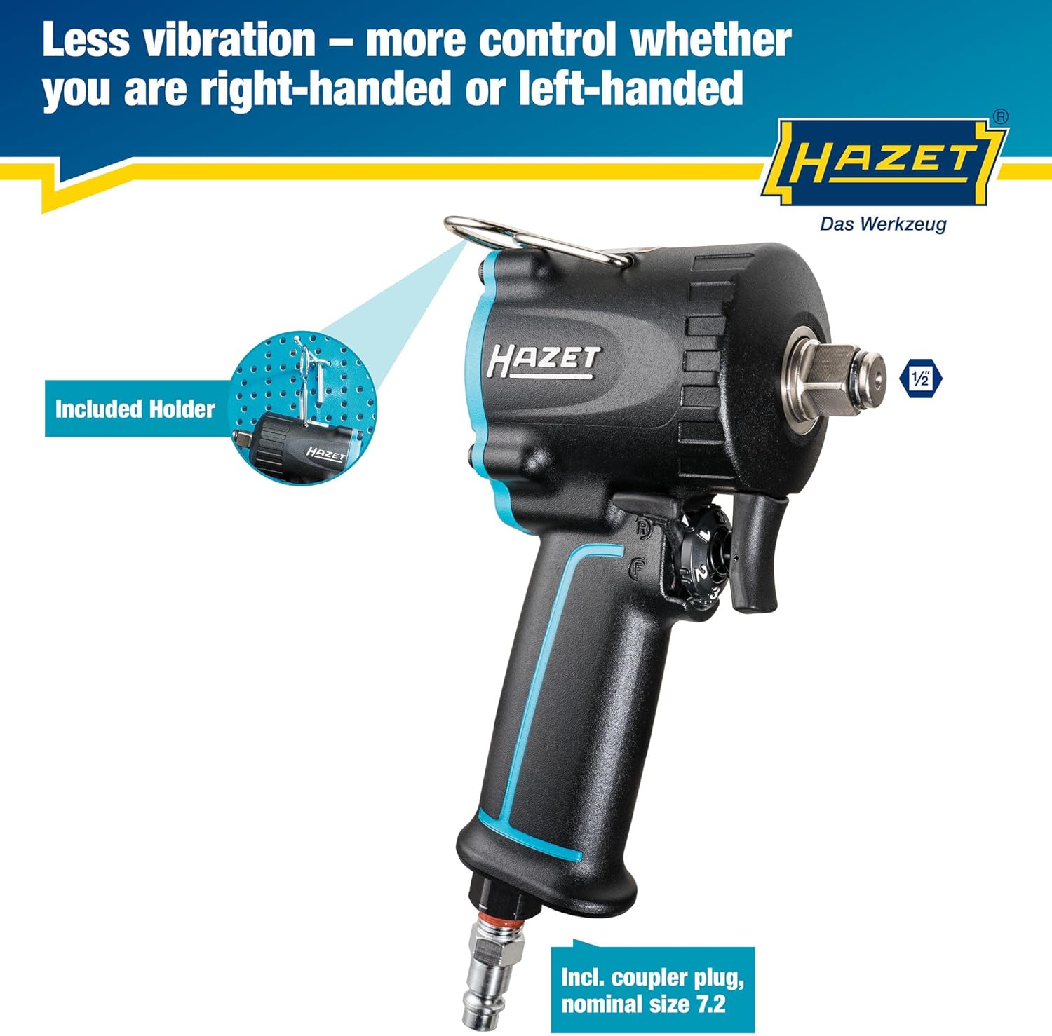 HAZET Pneumatic Impact Wrench 9012M-1 I Extra Short 3.15 Inches, Max. Release Torque: 885ft-Lbs, Square 0.49 Inches (1/2 Inch), Operating Pressure: 90 psi I Compact Design