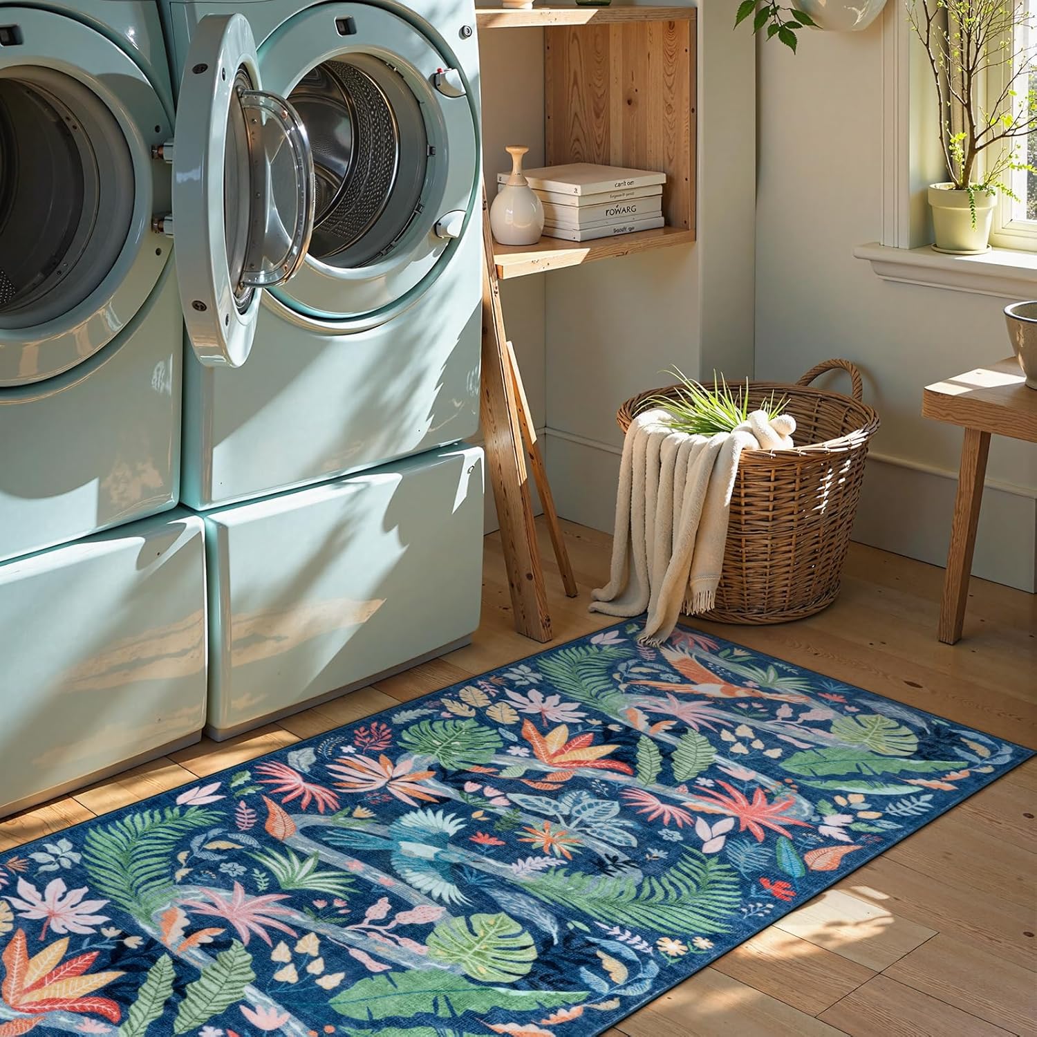 Uphome Botanical Bird Kitchen Runner Rug, 2x6 Washable Hallway Rugs Non Slip, Soft Tropical Plant Entryway Runner Rugs Low Pile, Vintage Floor Carpet for Hallways Bedroom Bathroom, Blue