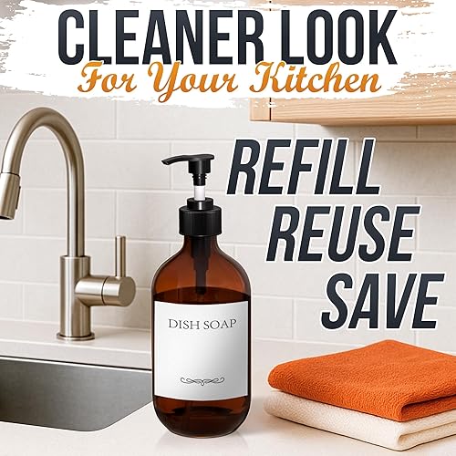 Miniatura 6 de Dispensador de jabón de plástico ámbar con bomba, juego de 3 botellas recargables de champú y acondicionador de 16 onzas, duradero y reutilizable