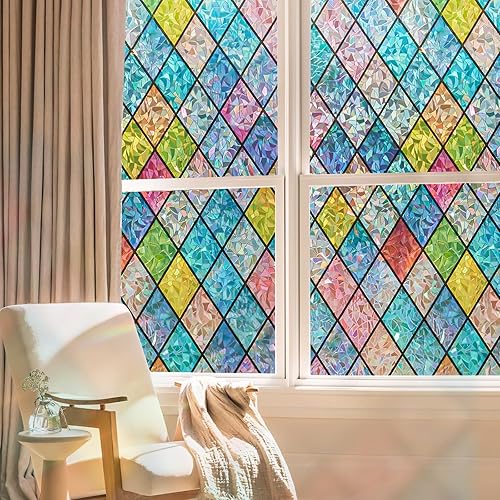 Miniatura 51 de Beautysaid Película de privacidad para ventana, vitral, prisma arco iris 3D, se adhiere a ventanas, bloqueo de calor, tinte para atrapasoles
