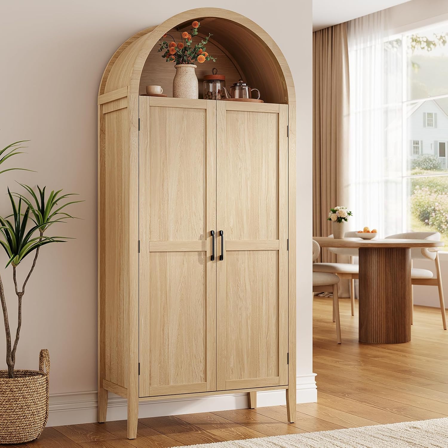 ONBRILL 71" Tall Arched Kitchen Pantry Cabinet, Arched Cabinet Storage Pantry with 2 Pull-Out Shelves, 6 Door Shelves, Organizer, Freestanding Versatile Cupboard for Kitchen, Dining Room, Natural