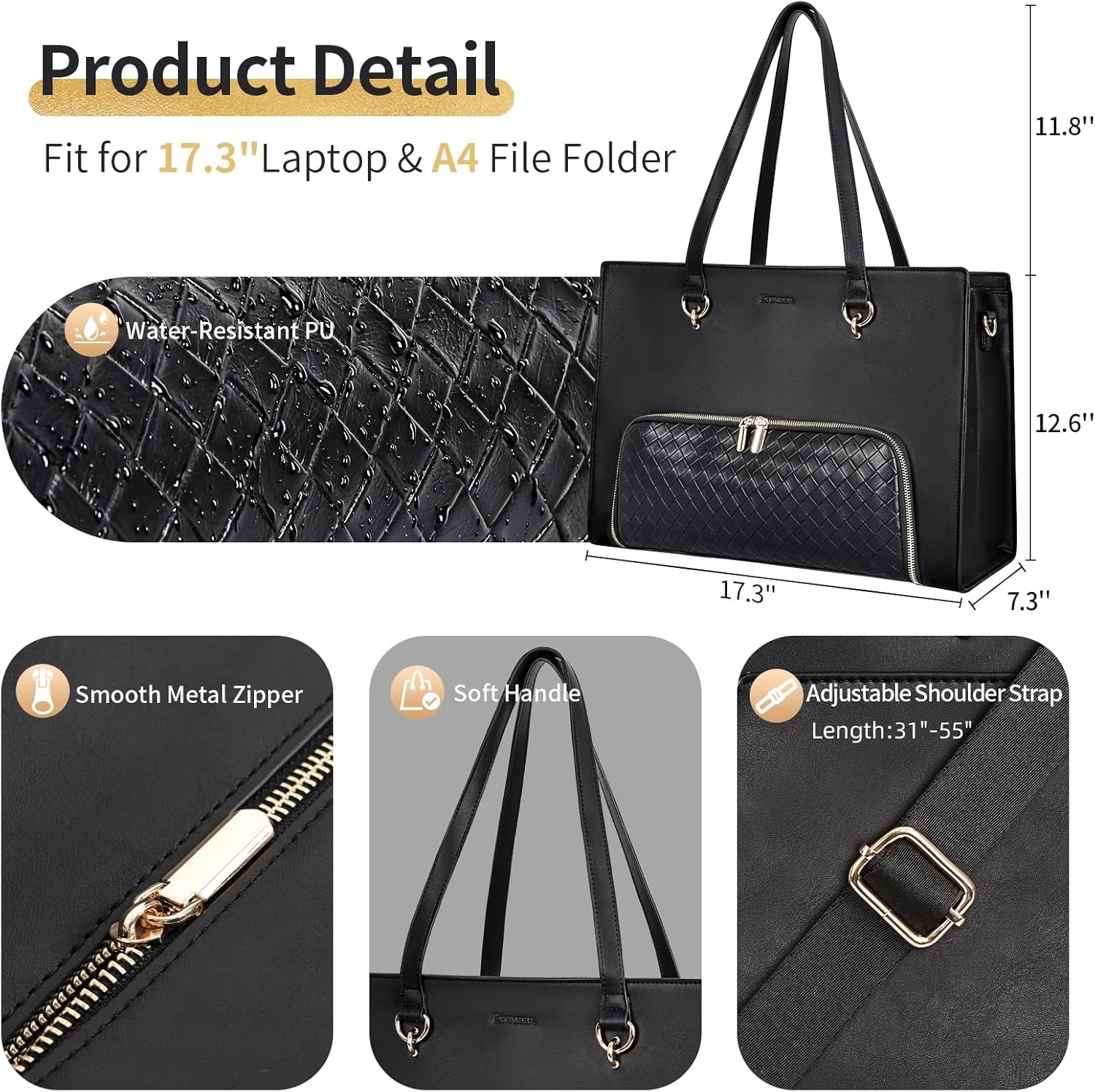 ESTARER Women Laptop Tote Bag with Insulated Lunch Compartment, 17-17.3 Inch PU Leather Work Bag Water-resistant, Convertible Large Business Computer Briefcase Handbag for Office/Travel/Casual, Black - Image 6