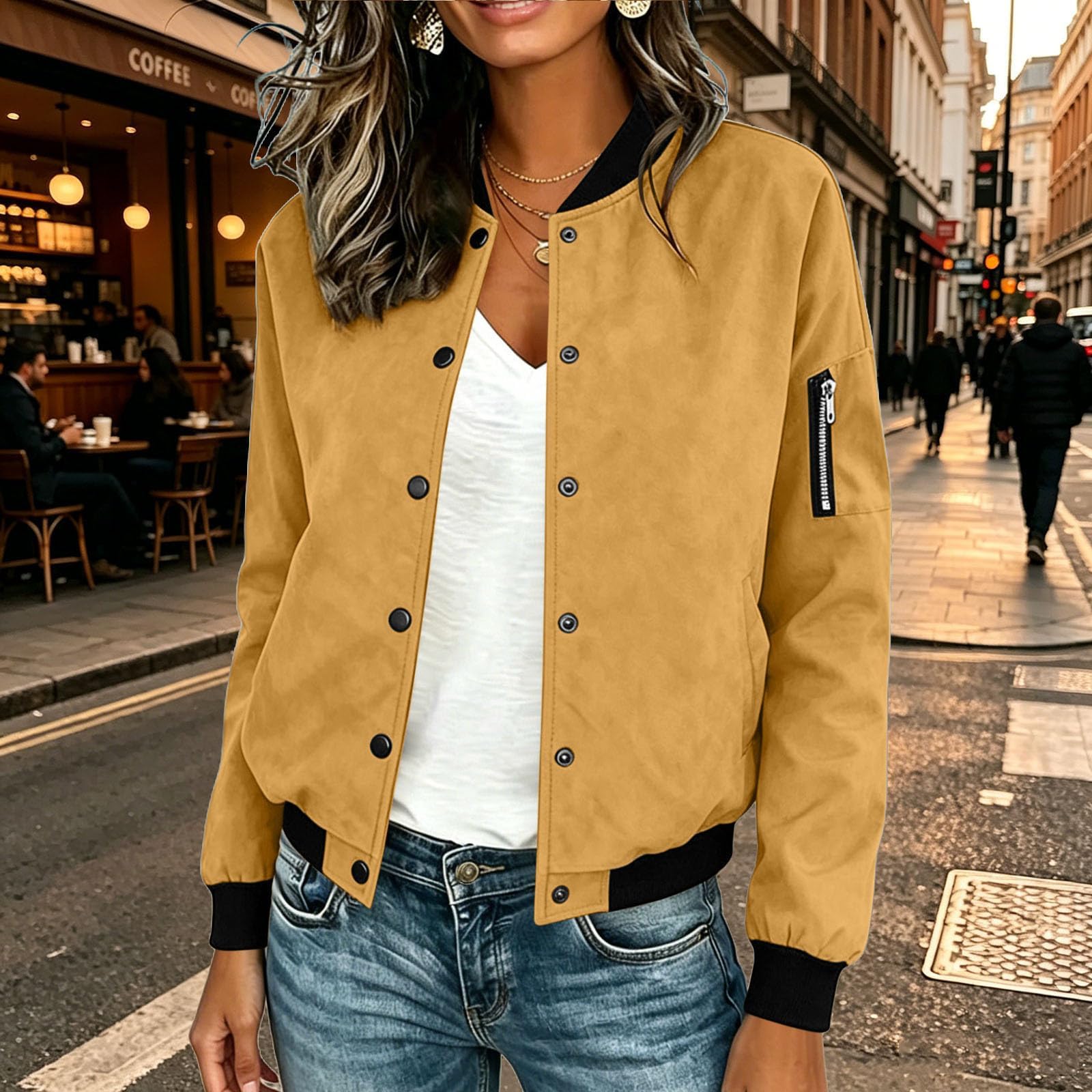 Generisch Bomberjacke Damen Winter Wildlederjacke Mit Knöpfen Pilotenjacke