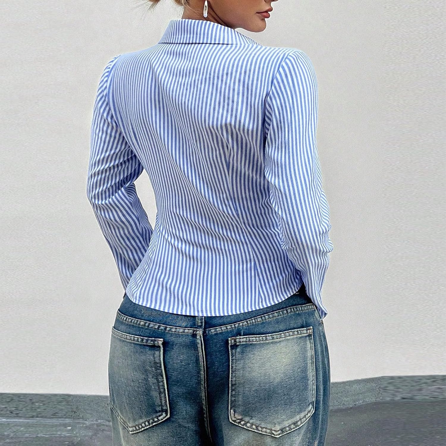 Striped Button Down Shirts for Women Dressy Casual Slim Fit Lapel Collar Long Sleeve Shirts Business Work Crop Top