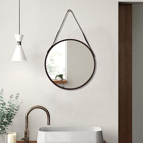Miniatura 5 de Espejo colgante redondo marrón, espejo de granja de 11.8 pulgadas con cuerda para colgar de cuero para baño, dormitorio, sala de estar, entrada y