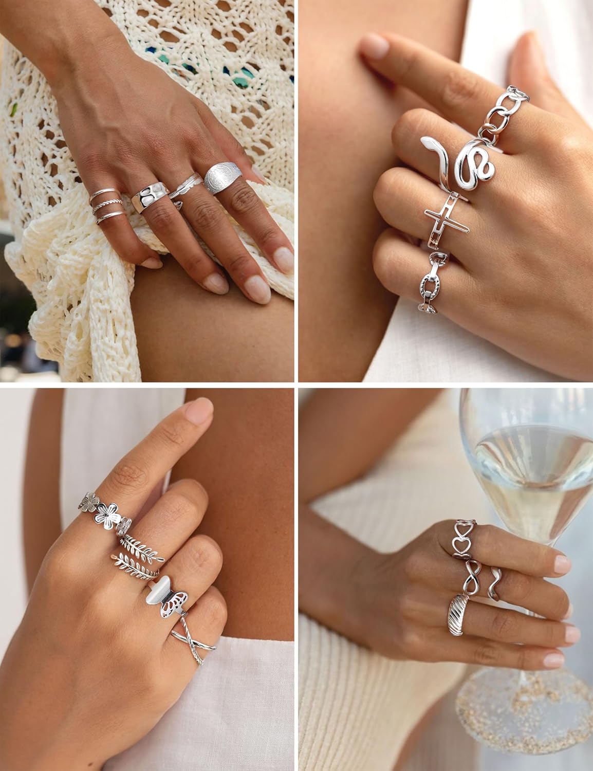 LOLIAS 16Pcs Stackable Stainless Steel Rings for Women Chunky Silver Rings Non Tarnish Ring Open Adjustable Thumb Finger Statement Ring Set - Image 6