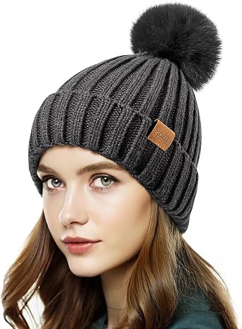 Womens Winter Beanie Hat Fleece Lined Warm Skull Cap with Faux Fur Pom Cuff Knitted Hat for Women