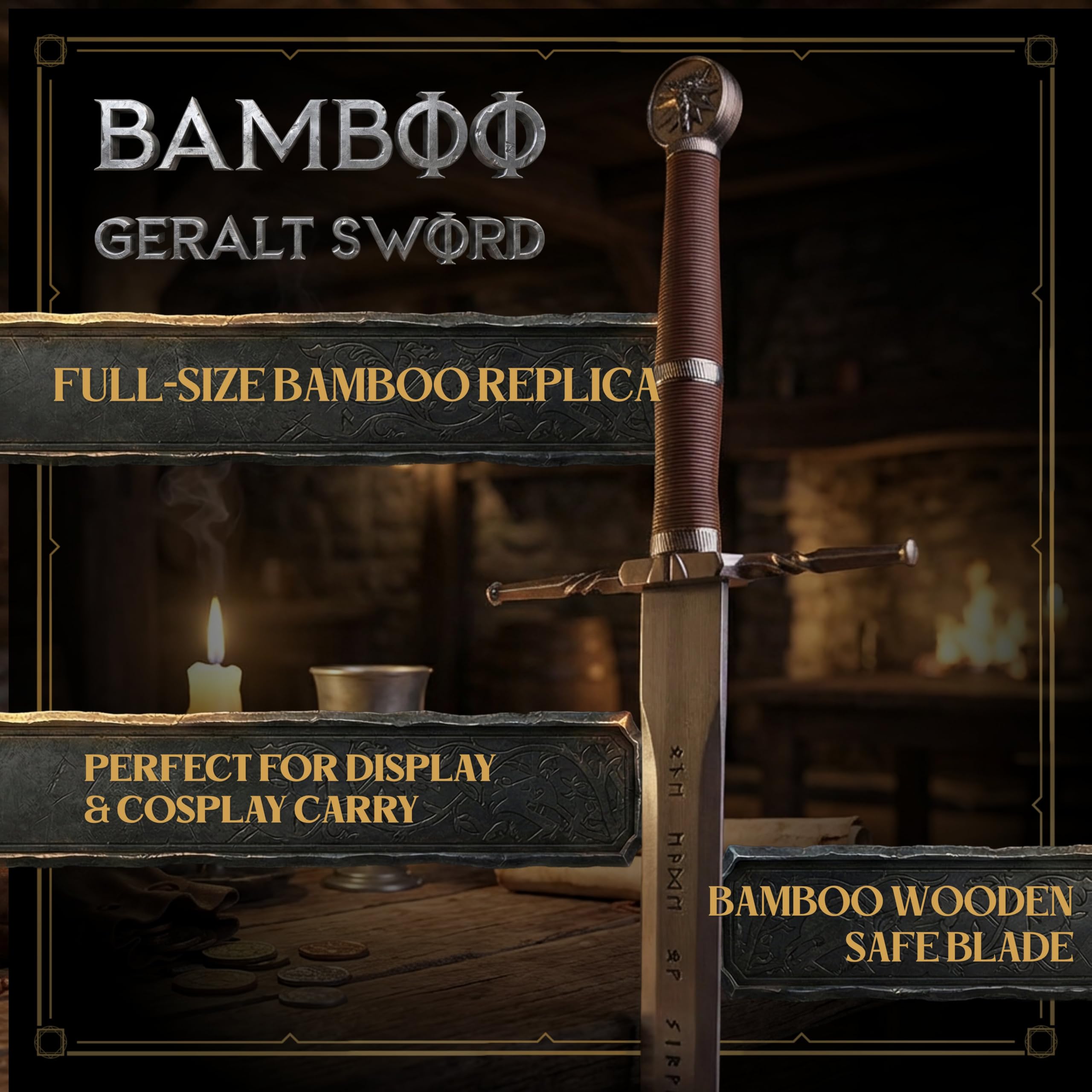 57 SPECIAL REPLICAS Espada medieval de bambú de 122 cm de longitud – Inspirada en The Wittcherr – Espadas para cosplay, LARP y fiesta de carnaval de disfraces – Decoración de pared sin bordes afilados