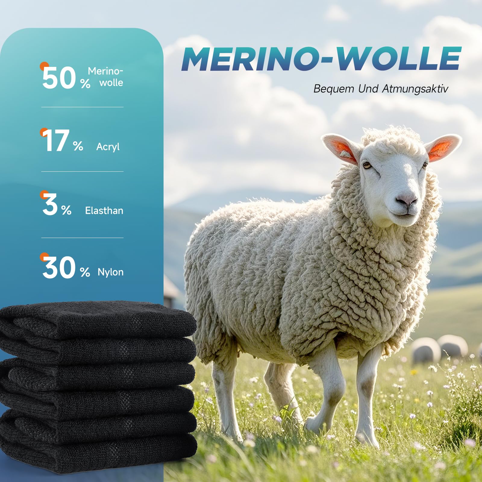 TANSTC Merino Socken Herren,Wollsocken, Outdoor & Trekking-Socken 35-38, 39-42, 43-46, 47-50, Atmungsaktiv & Anti-Blasen Warm Dicke Gepolstert Thermosocken für Herren, Damen, 3 Paar