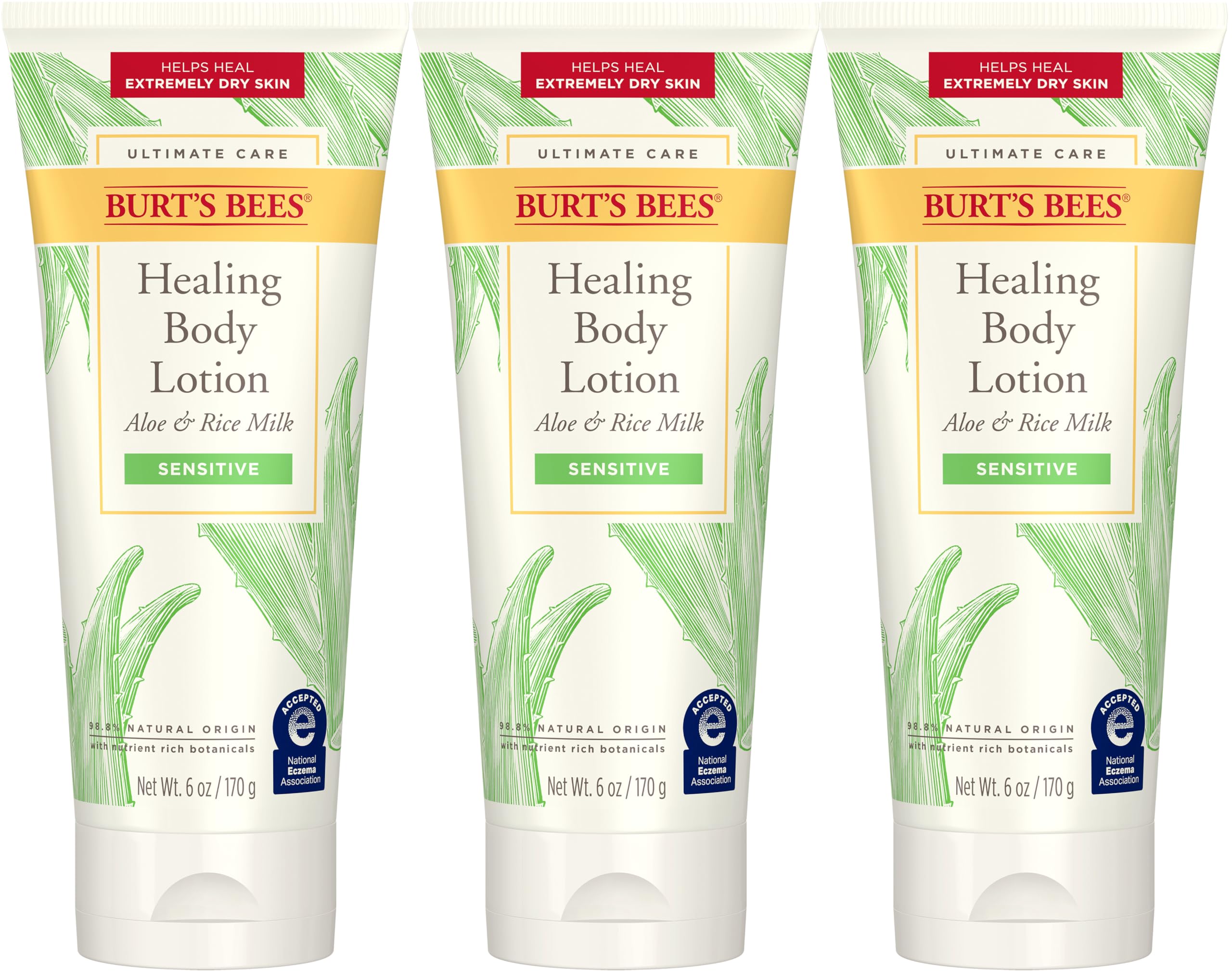 Burt's Bees Ultimate Care Healing Body Lotion with Aloe and Rice Milk for Sensitive Skin, 98.8% Natural Origin, 6 Ounces