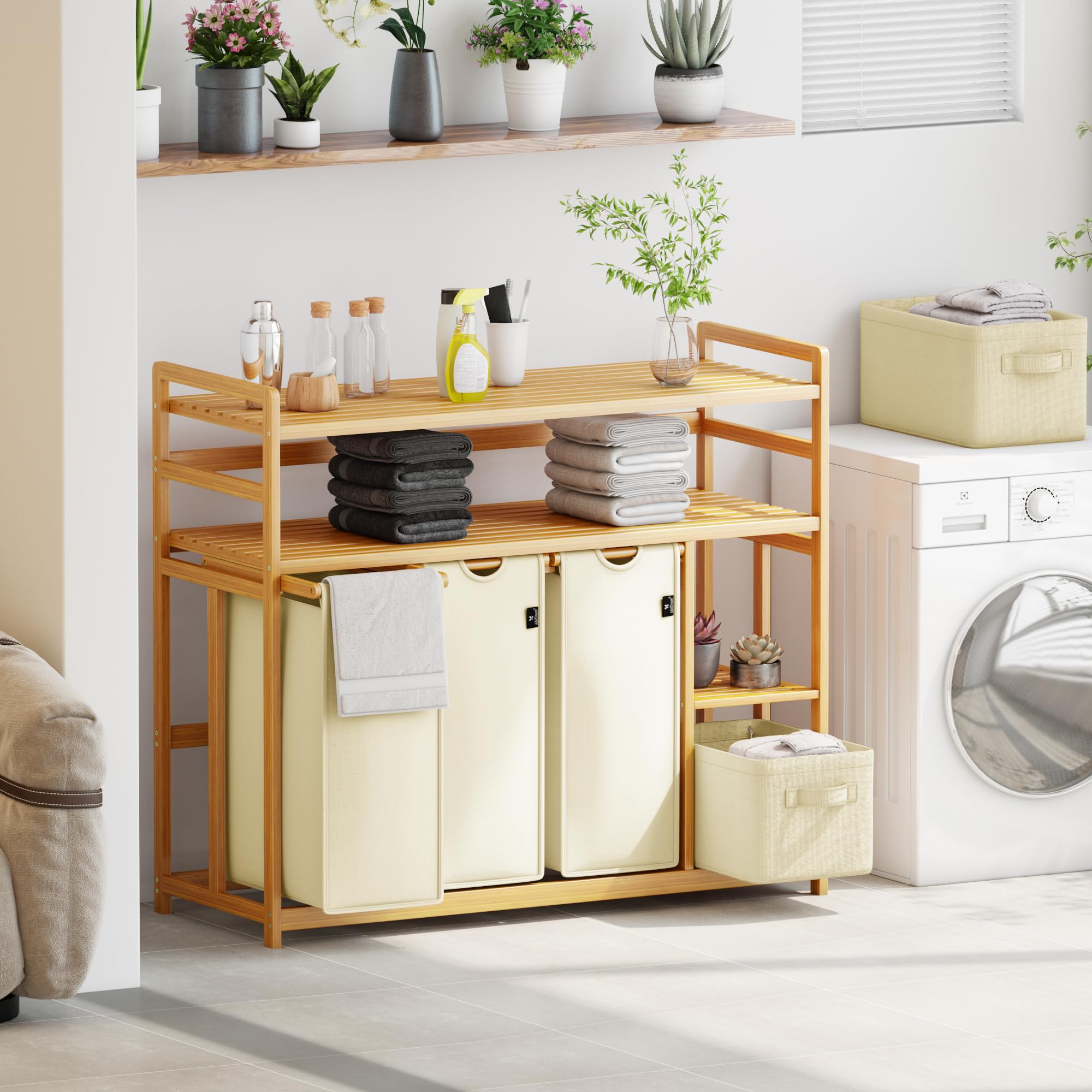 ADEL DREAM Wäschekorb 5 Fächer 2 Regale Wäschesammler 190L Wäscheboxen Mit Korb Wäschesortierer mit 3 Wäschesäcken & 2 Stoffboxen Wäschesack Bambus Wäscheregal Wäschebox Laundry basket Beige