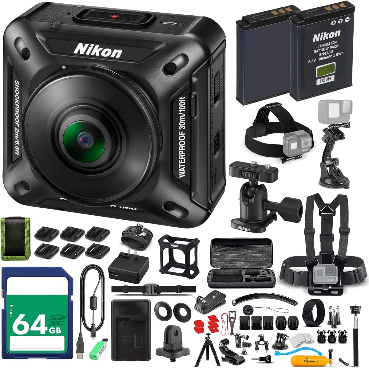 Nikon KeyMission 360 4K Action Camera Bundle | For Sports and Adventure Video + 64GB Memory Card + More