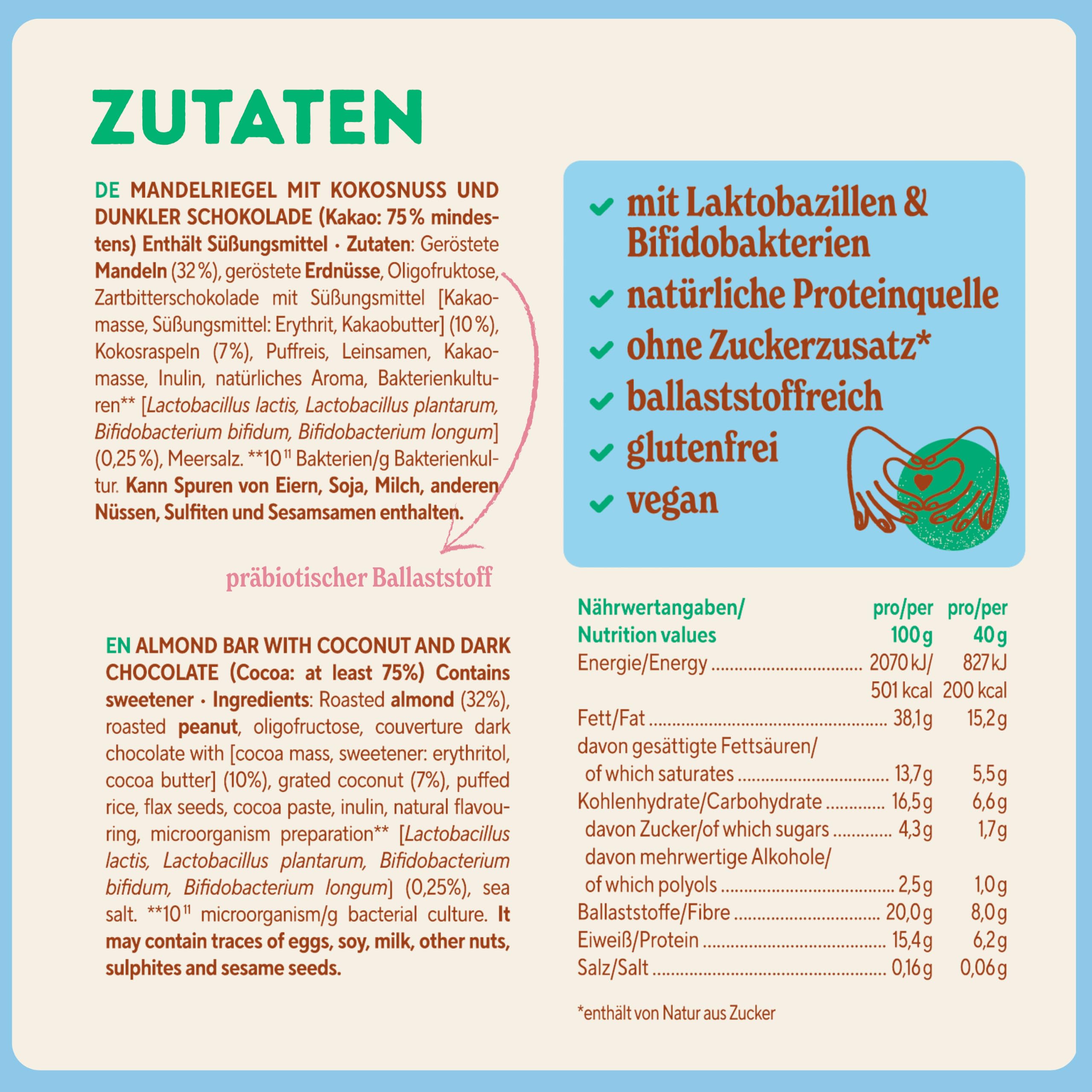 Baelanse® Bar Ballaststoffreicher Probiotischer Nussriegel Vegan Glutenfrei ohne Zuckerzusatz 12x40g Choco-Coconut