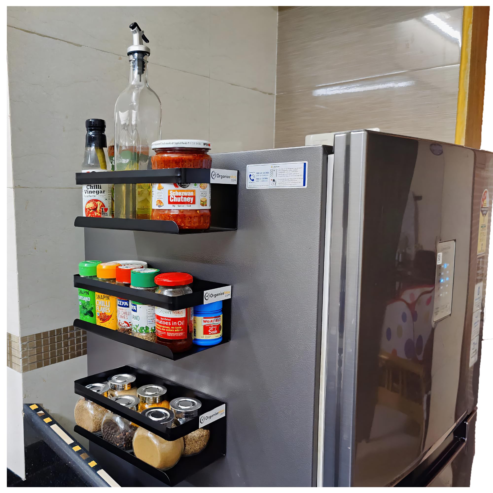 OrganizeMee Magnetic shelves Magnetic rack for fridge [25 X 12 Cm] Wall Mount Spice Rack, Bottle Holder for Fridge, Washing Machine,Microwave Organizer, Fridge side storage rack (Black Qty:1)