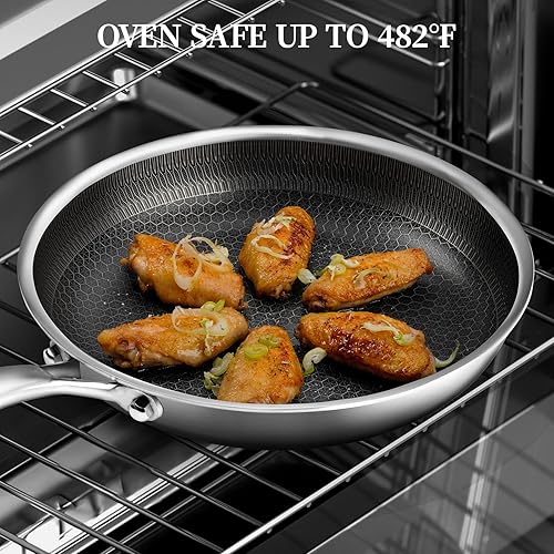 Miniatura 6 de Sartén de acero inoxidable con tapa, sartén antiadherente de 9.5 pulgadas con tapa, sartén de acero inoxidable con panal de abeja, sartén de chef