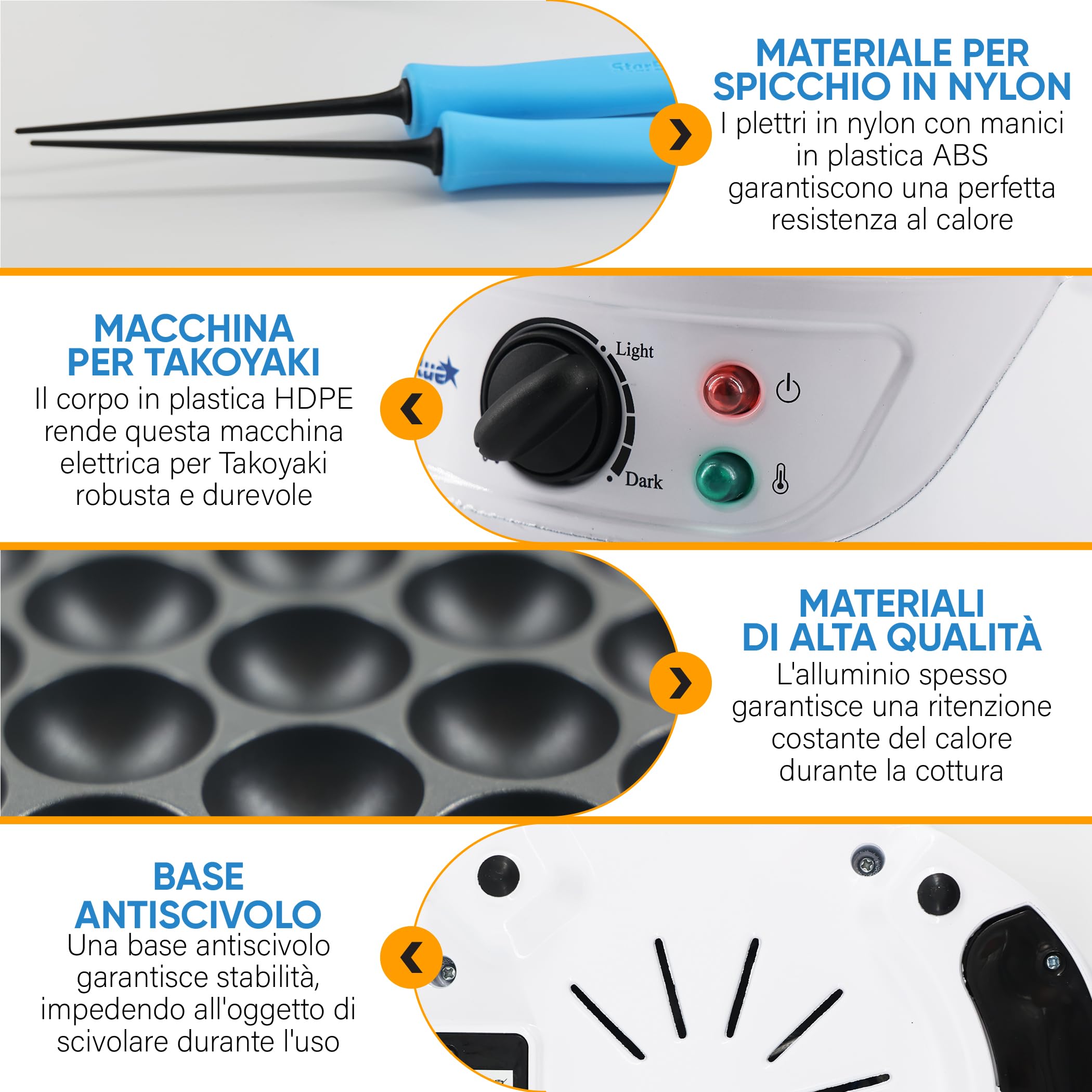 StarBlue Macchina per Takoyaki 18 fori 700W 220V 50Hz con Controllo Temperatura Spina UK Adattatore UE