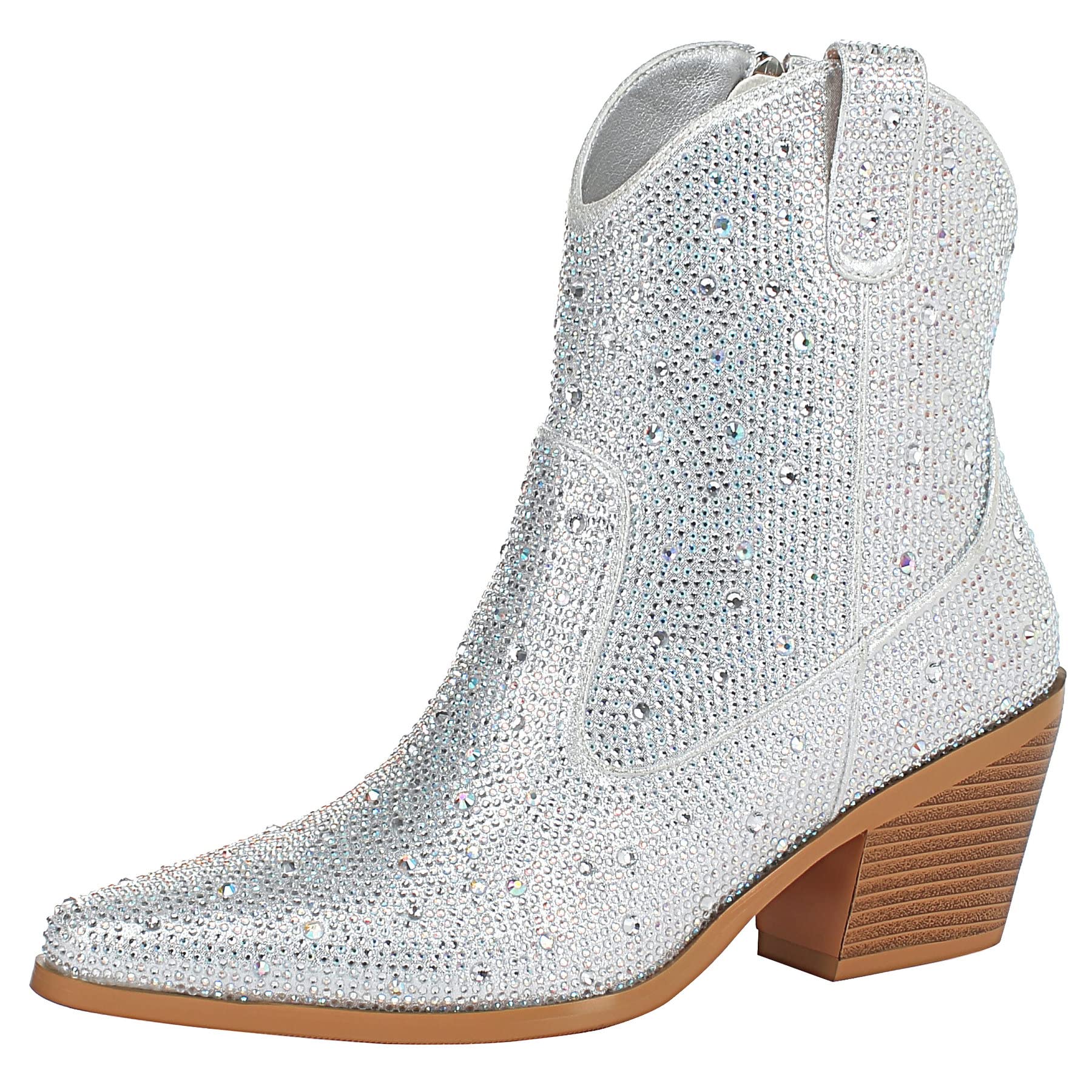 FIFSY Women Rhinestone Cowboy Boots Glitter Chunky Heel Sparkly Cowgirl Ankle Boots…