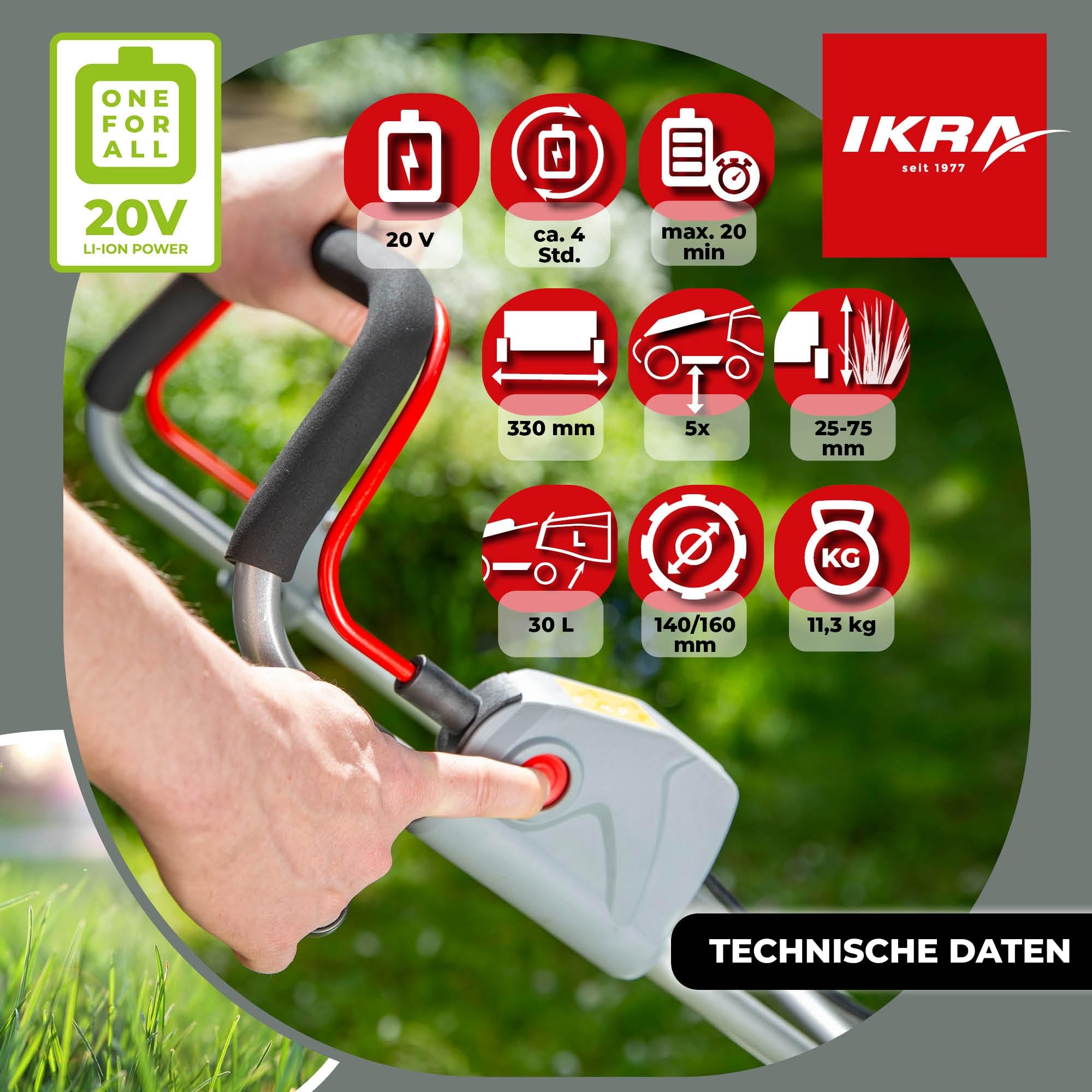 IKRA Rasenmäher ICM 2033, Breite 33cm, inkl. 2 Akkus 20V & Ladegerät | Schnitthöhe 25-75mm, Mulchmäher für Rasenflächen bis 150m², Holm höhenverstellbar, Fangsack 30l, 20V-Akku-Familie von IKRA