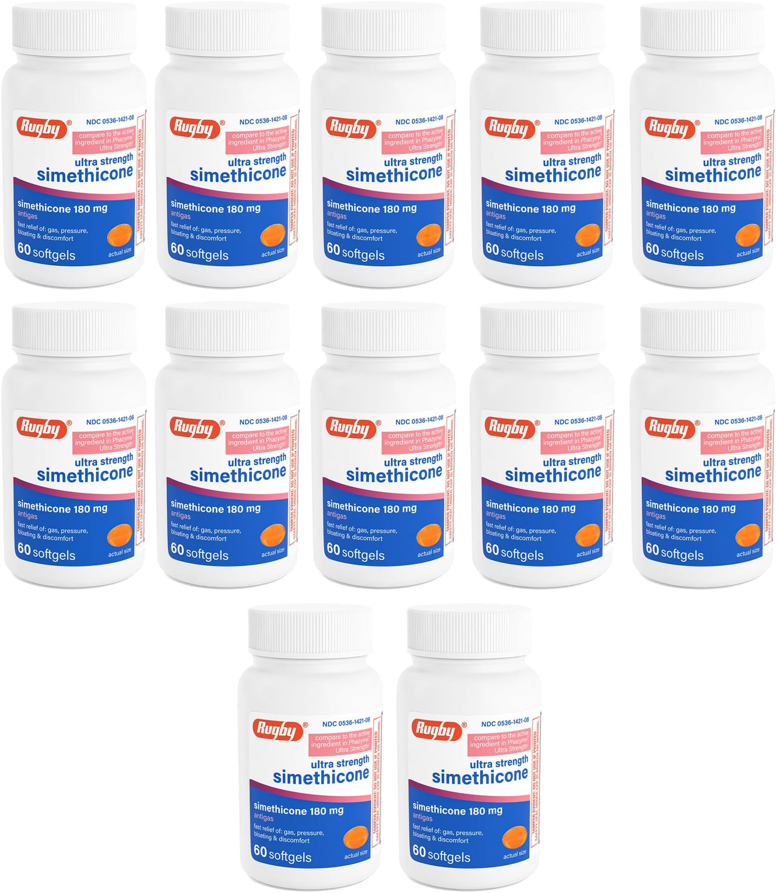 RUGBY LABORATORIES Simethicone 180mg Softgels Anti-Gas Generic for Phazyme Ultra Strength 60 Gelcaps per Bottle Pack of 12 Total 720 Gelcaps