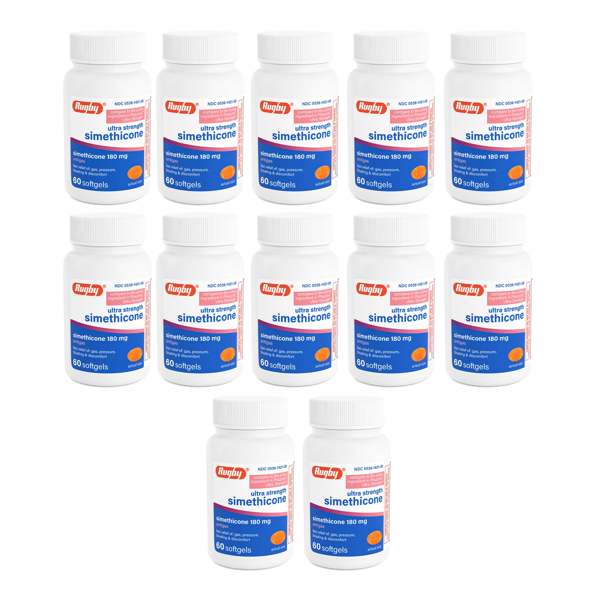 RUGBY LABORATORIES Simethicone 180mg Softgels Anti-Gas Generic for Phazyme Ultra Strength 60 Gelcaps per Bottle Pack of 12 Total 720 Gelcaps