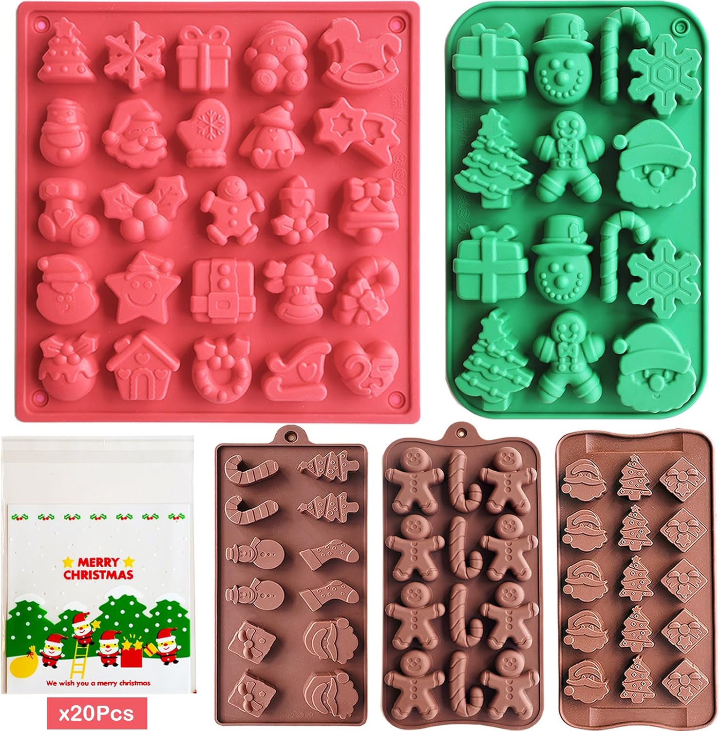 Moldes de silicona para chocolate de Navidad, paquete de 5 moldes de silicona para dulces de Navidad con 20 bolsas de dulces de Navidad para