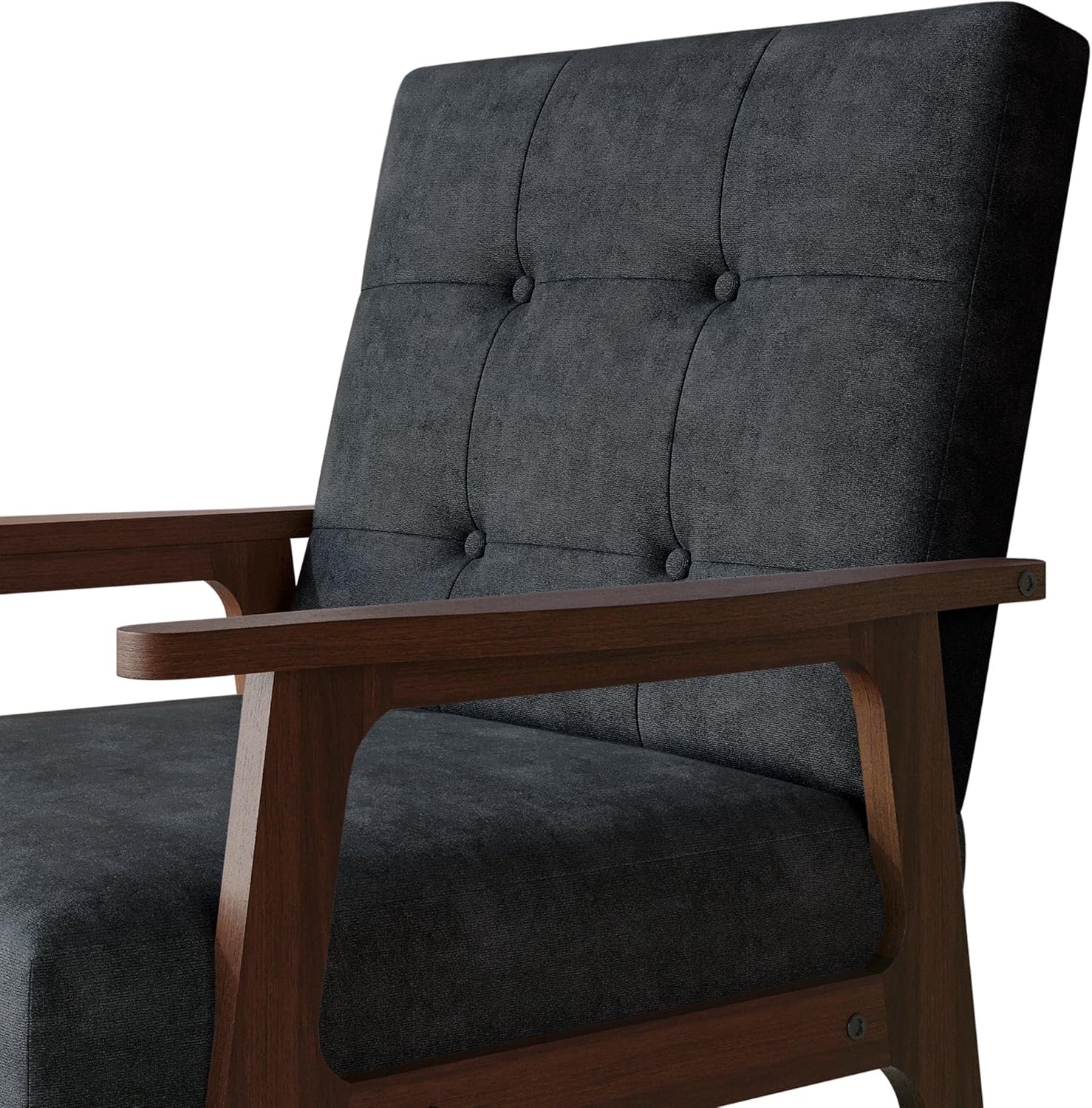 Accent Chair with Button-Tufted, Linen Upholstery, Wooden Armrests, Cushioned Seat, Easy Assembly, Dark Grey