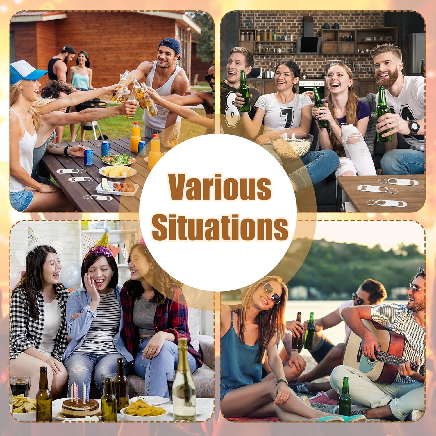 Therwen 100 Pcs Flat Bottle Opener Bulk Stainless Steel Silver 3.5 x 1.3 Inches Bottle Opener with Keychain for Men Women Bartender Kitchen Bar Restaurant Tool Beverage Soda Can