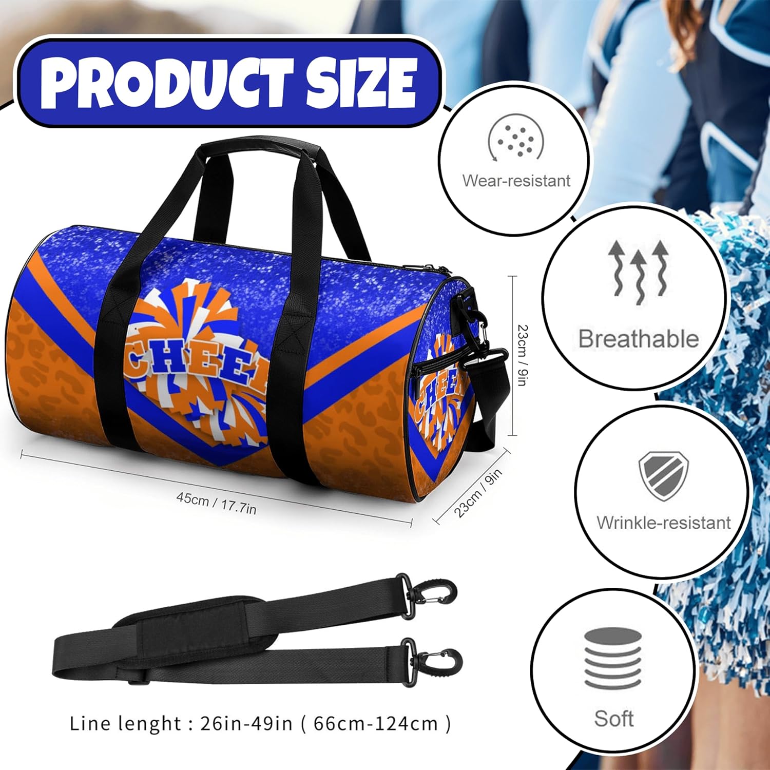 Sports Duffel for Cheerleaders, Cheer Bag for Women, Travel Duffle Bag, Weekender Bag, Cheerleading Gym Bag (Blue&Orange)