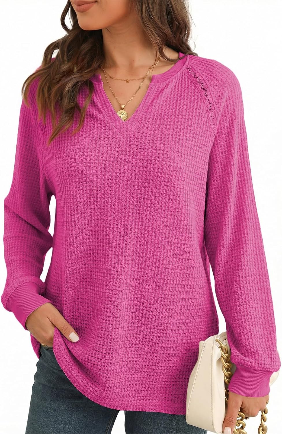 BLENCOT Long Sleeve Shirts for Women Trendy V Neck Fall Tops Cute Casual Waffle Loose Fitted Sweatshirt