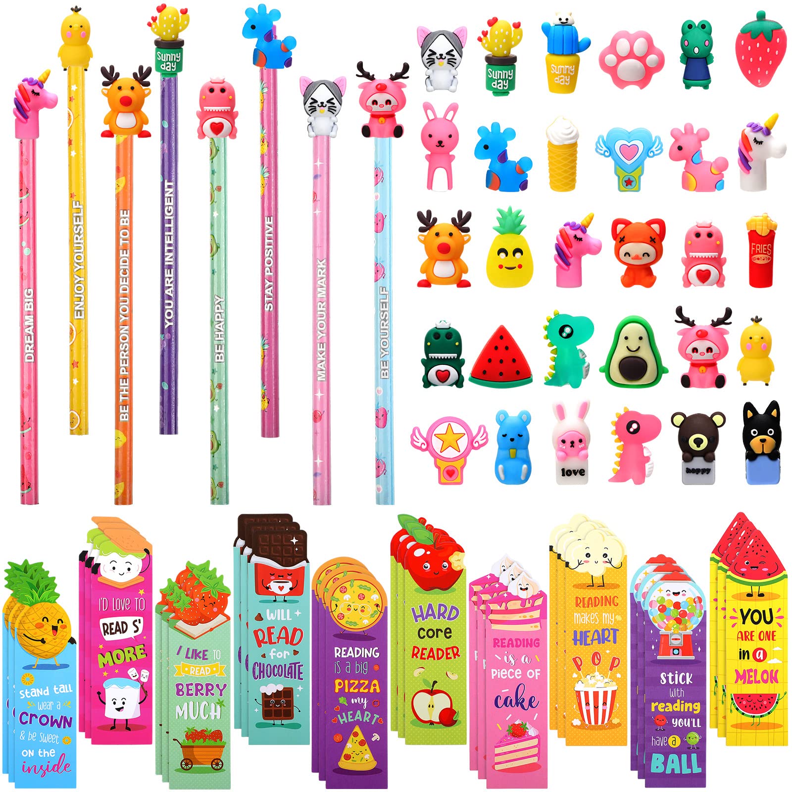 Outus 128 Pcs Inspirational Scented Pencils and Scented Bookmarks Set, Fun Pencils with Cartoon Toppers, Fruit Food Theme Scratch and Sniff Bookmarks Bulk for Reading Supplies(Cute)