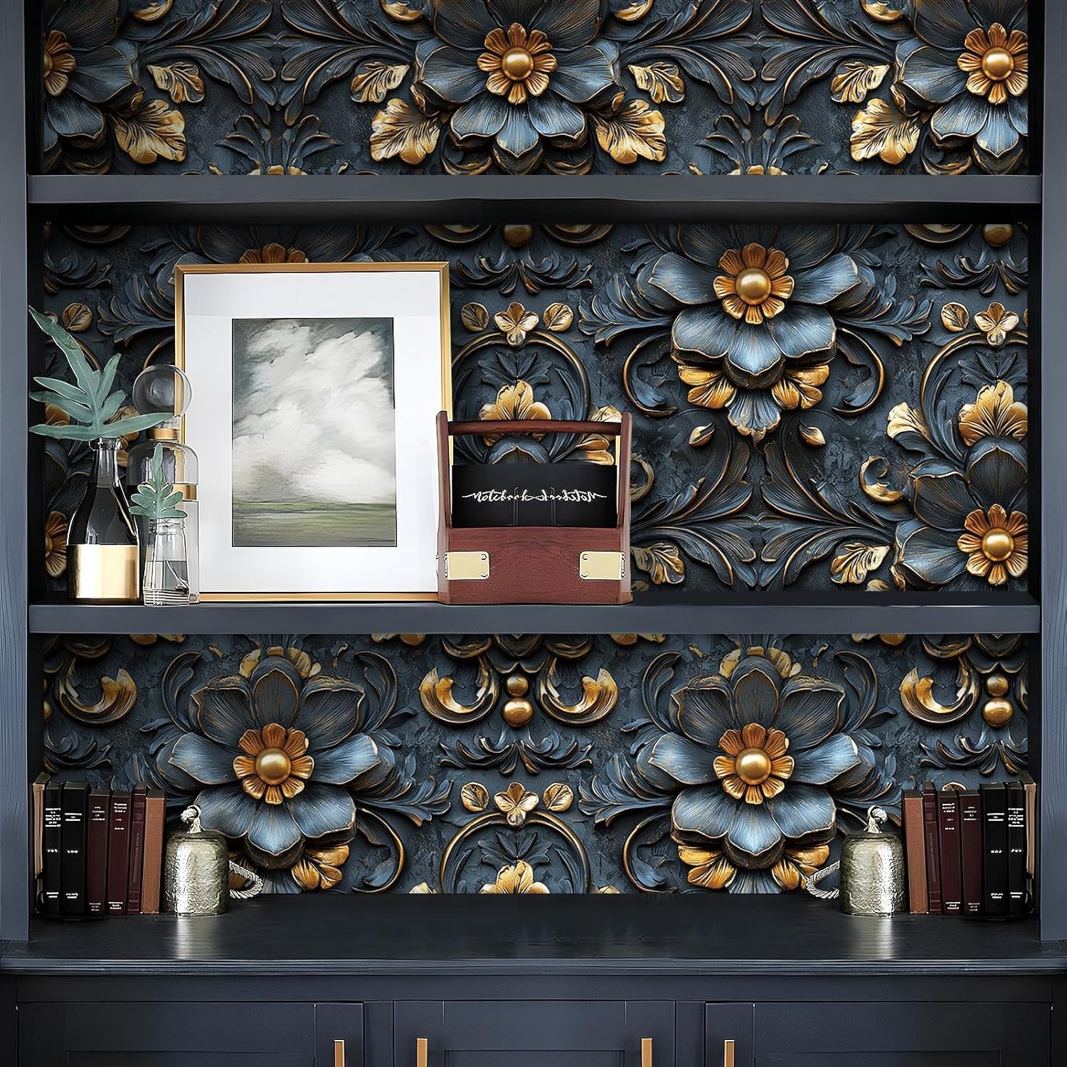 17.5"x475" Navy Blue Western Wallpaper Embossed Metallic Wallpaper Stick and Peel Gold Floral Wall Paper Flower Contact Paper Self Adhesive Accent Wall Mural for Bedroom Bathroom Drawers