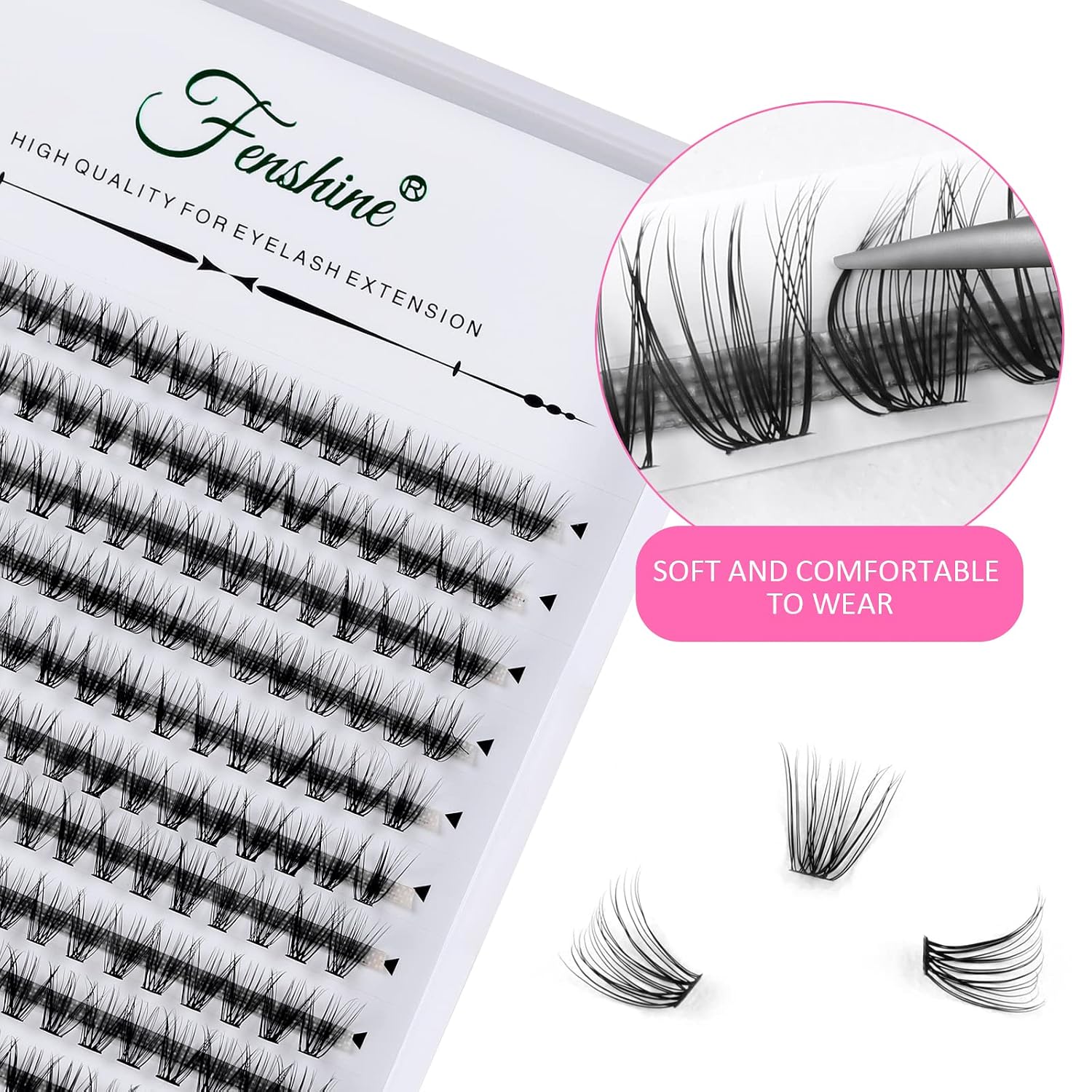 Fenshine Cluster LashesIndividual Lashes Wide Stem 0.07D 20D Curl 10mm Length DIY Eyelash Extension Individual Soft False Lashes for Personal Use at Home